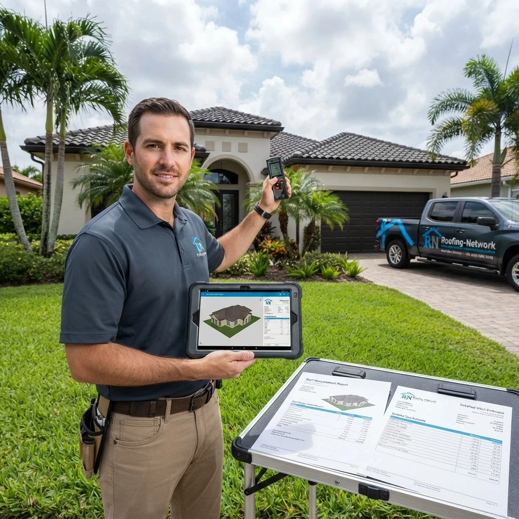 Roof measurement and cost estimate being prepared on site for a South Florida home