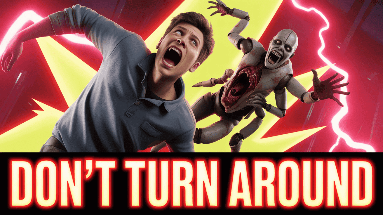 Terrified gamer recoiling from animatronic monster with DON'T TURN AROUND warning in red