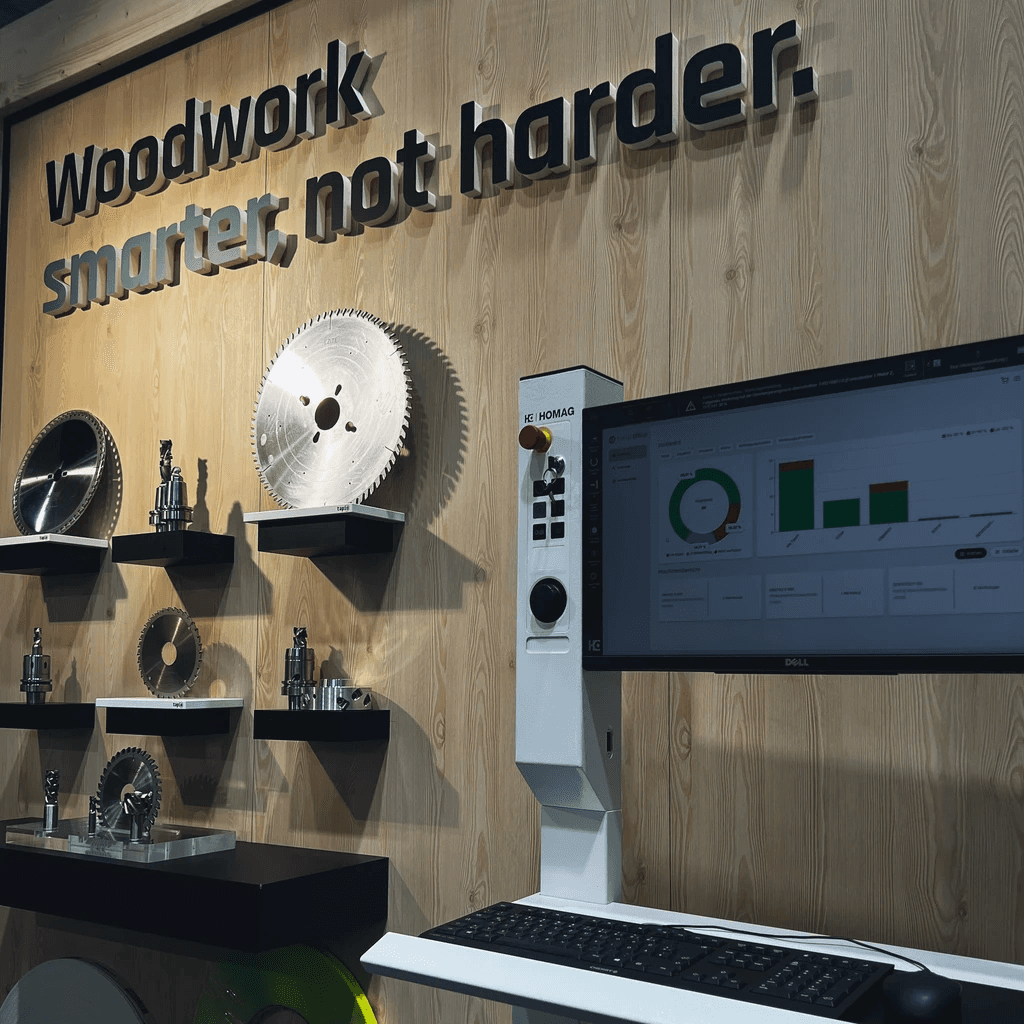 Maschinensteuerung neben Wandregalen mit Werkzeugen