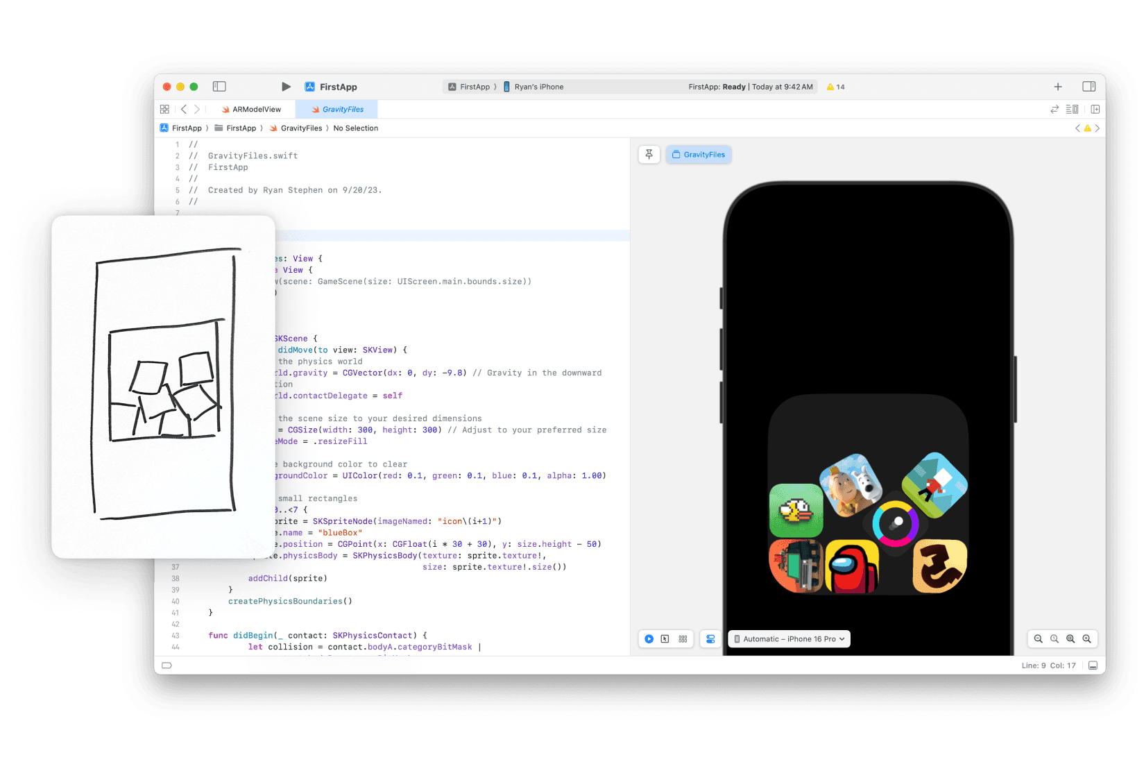 Collage of Xcode screenshot with code, a screenshot of a phone with app icons bouncing, and a sketch