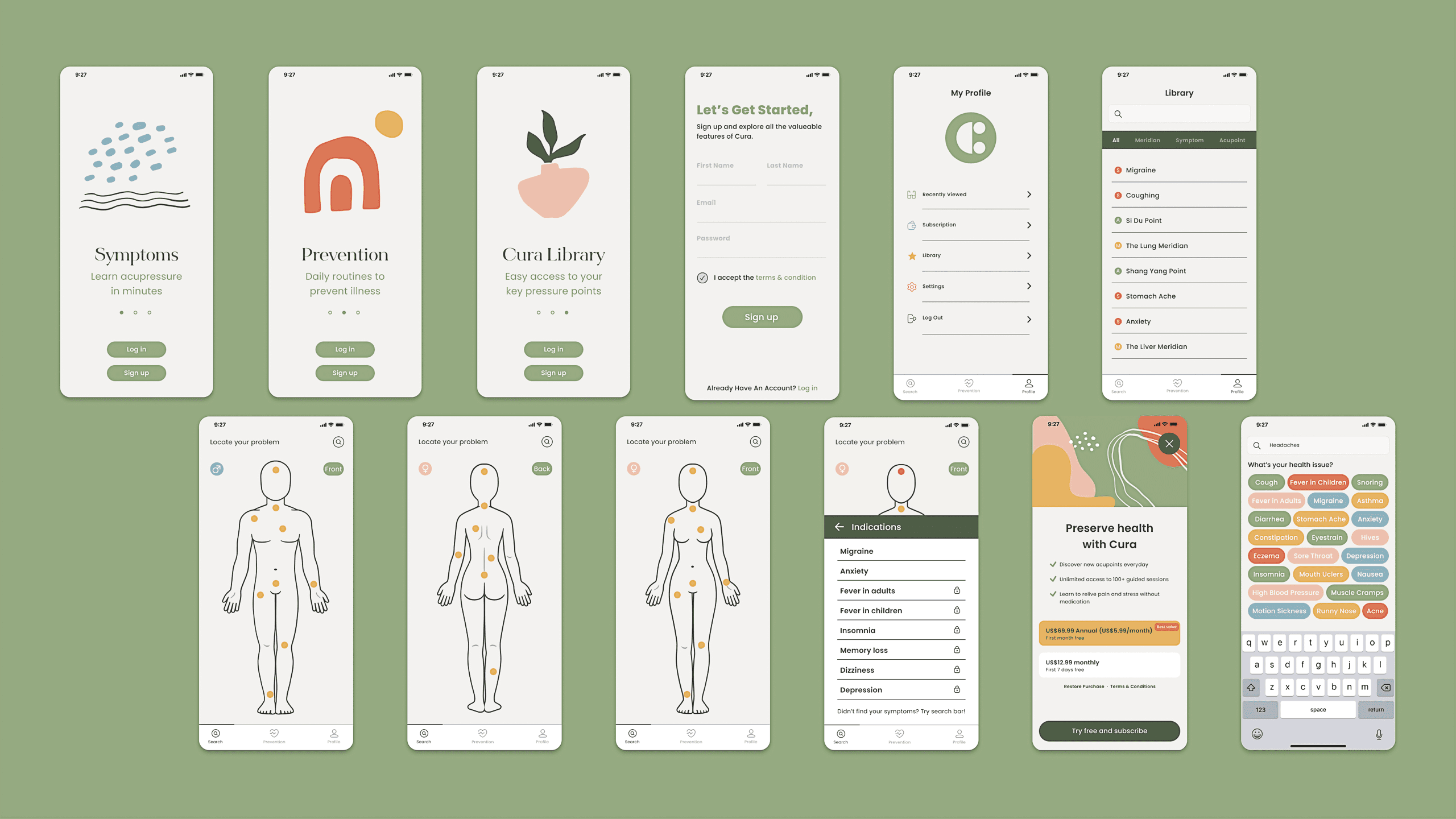 A screenshot displays eight mobile app screens arranged in two rows on a light green background. Each screen shows white outlines of human figures with orange dots on their bodies, labeled with body parts and corresponding text. The top row includes apps labeled “Symptoms,” “Prevention,” and “Cura Library,” each with login and sign-up buttons. The bottom row shows apps labeled “Locate your problem,” “Locate your condition,” “Injections,” and “Presence of COVID.” A central screen displays “Let’s Get Started,” with text about COVID-19 testing and contact tracing. A sidebar on the right shows “Presence of COVID” and “Presence of COVID-19.”