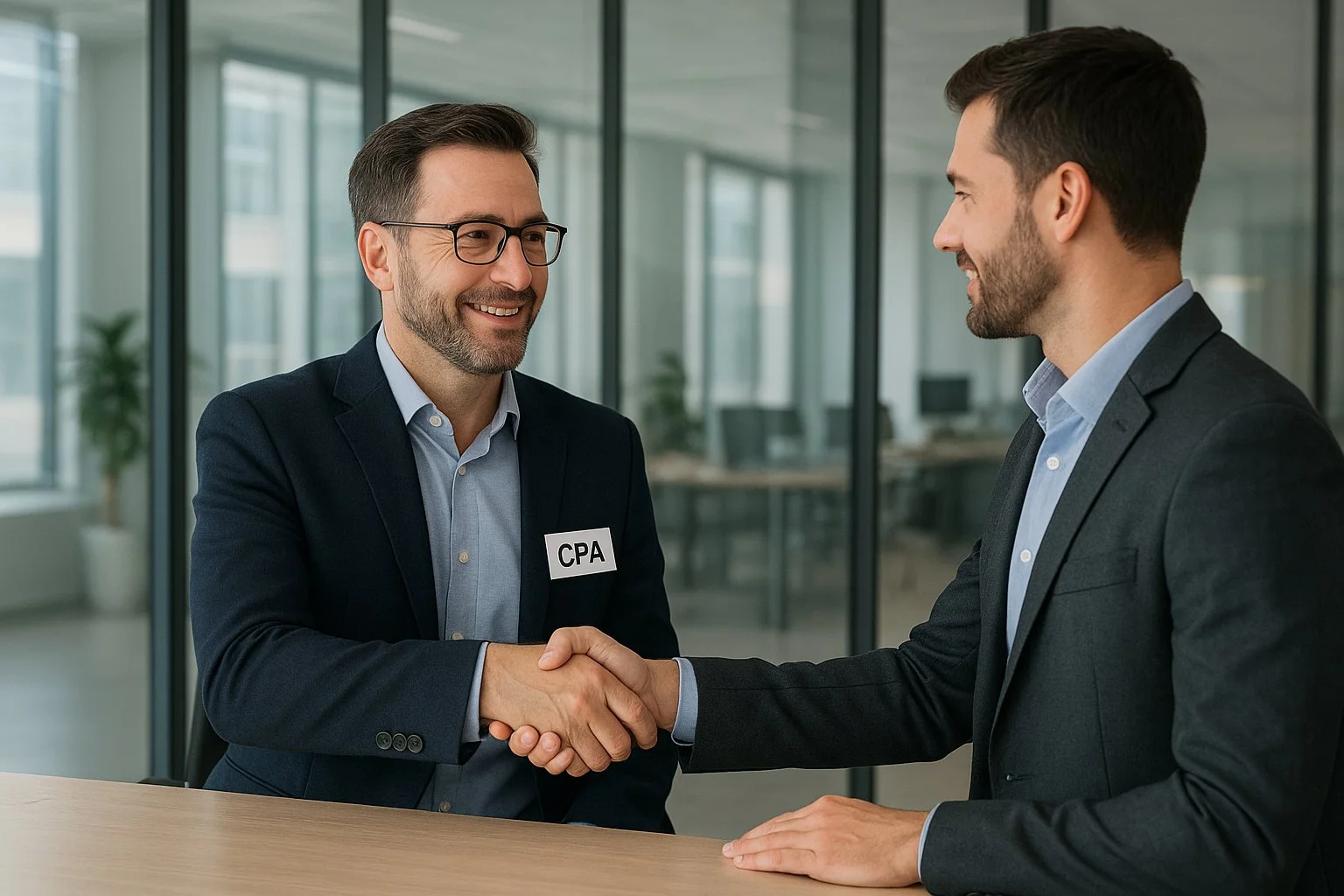 CPA and entrepreneur shaking hands in a glass-walled office, symbolizing trust, partnership, and professional financial guidance.