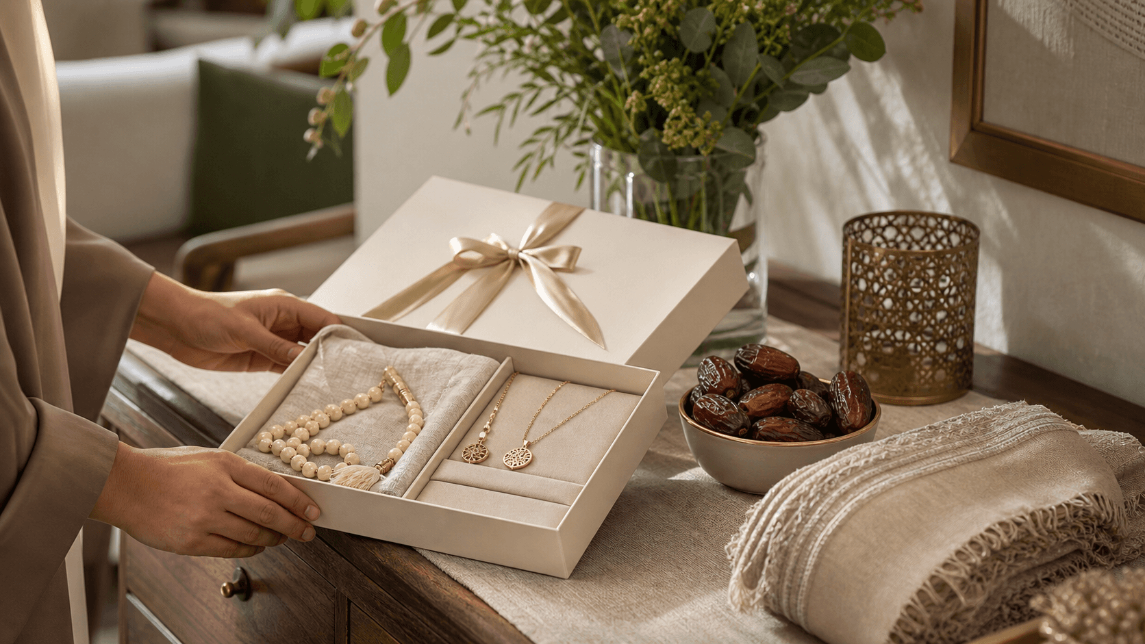 Welcome-home Umrah gift box with faith jewellery, dates and soft prayer cloth on a sideboard