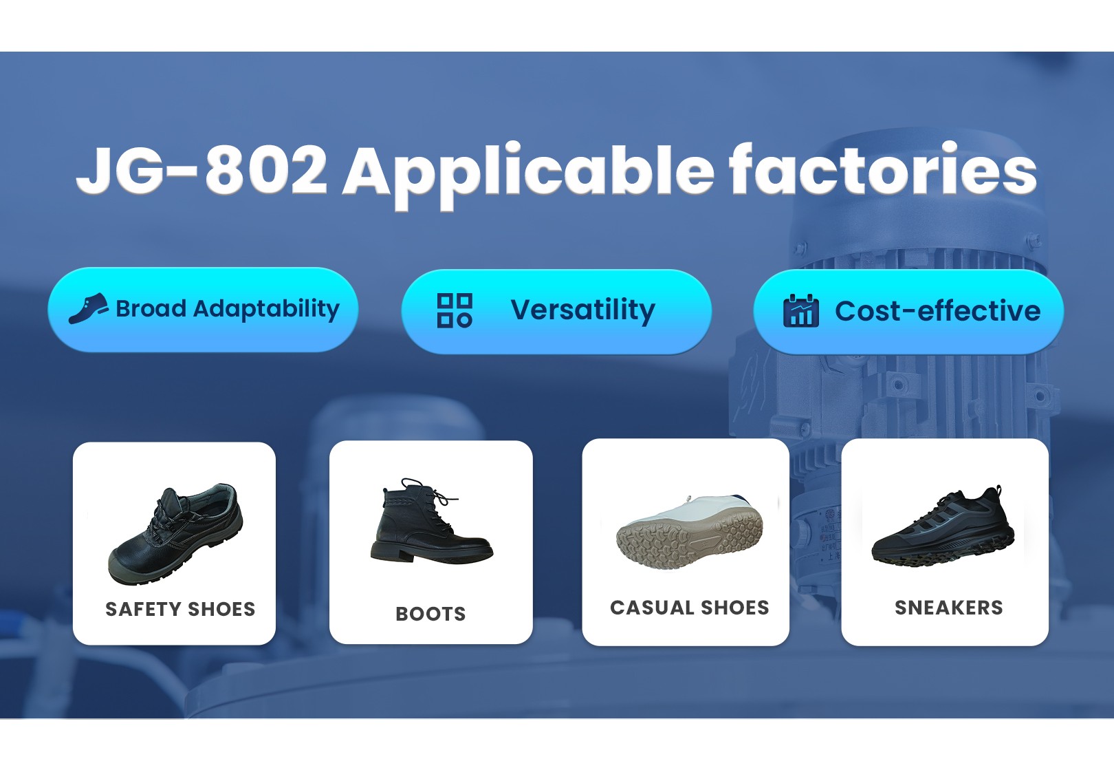 JG-802 machine in factory workshop real shot / JG-802 sole pouring demo / JG-802 full production line / JG-802 sole quality inspection