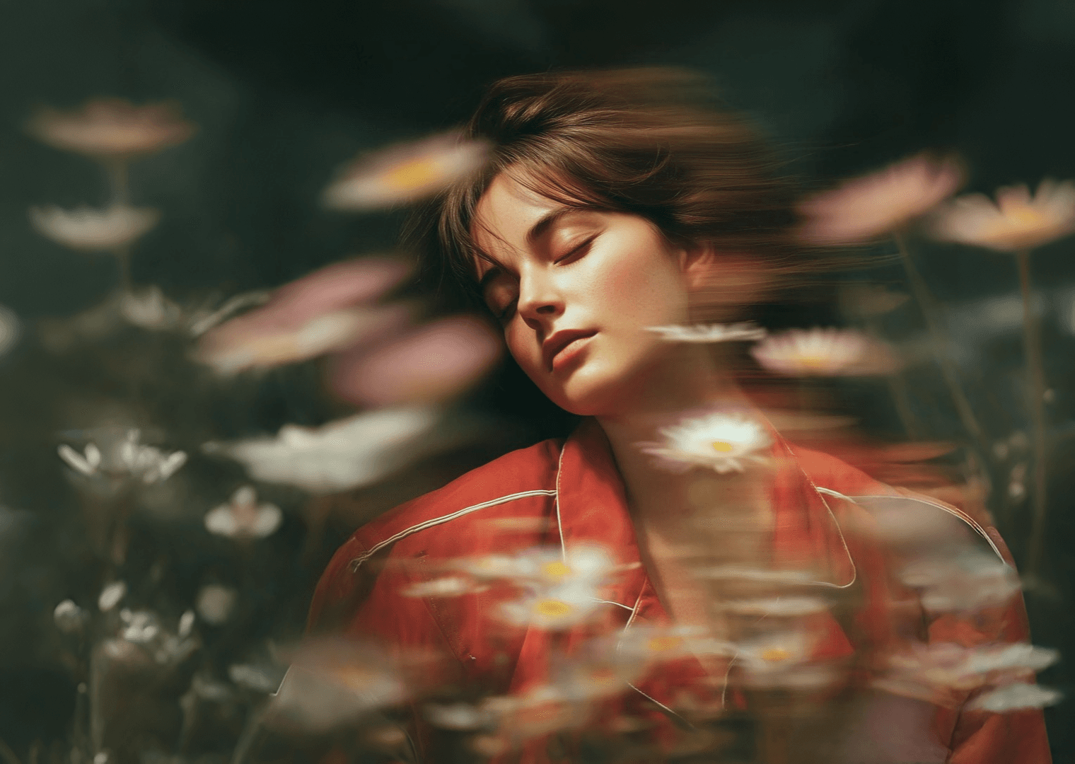 woman in flowers soft focus aesthetic nature portrait