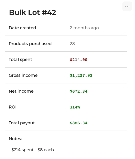 A detailed view of a bulk buy in Flipwise