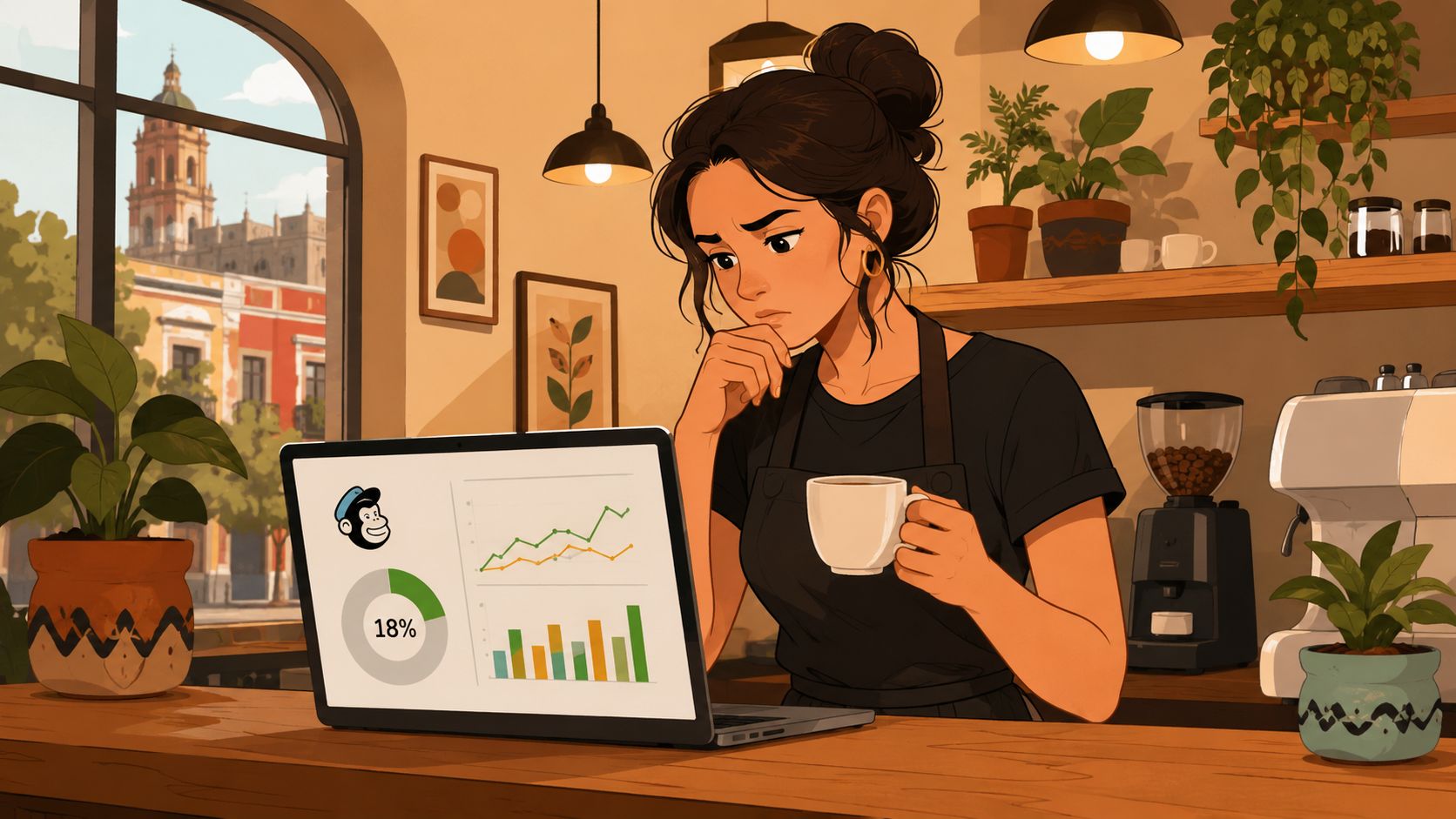 Una mujer joven reflexiva trabaja en su cafetería frente a una computadora portátil con gráficos de marketing.