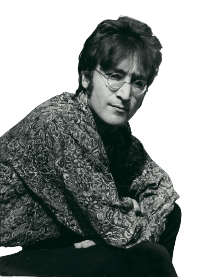 A black-and-white photograph of John Lennon, the legendary musician and member of The Beatles, seated in a relaxed pose. He is wearing round glasses and a patterned paisley shirt, reflecting the iconic 1960s fashion associated with his persona. Lennon's thoughtful expression and casual demeanor highlight his artistic influence, both as a songwriter and advocate for peace. This image captures his timeless presence in popular culture, symbolizing his contributions to music and his enduring legacy as a countercultural figure.