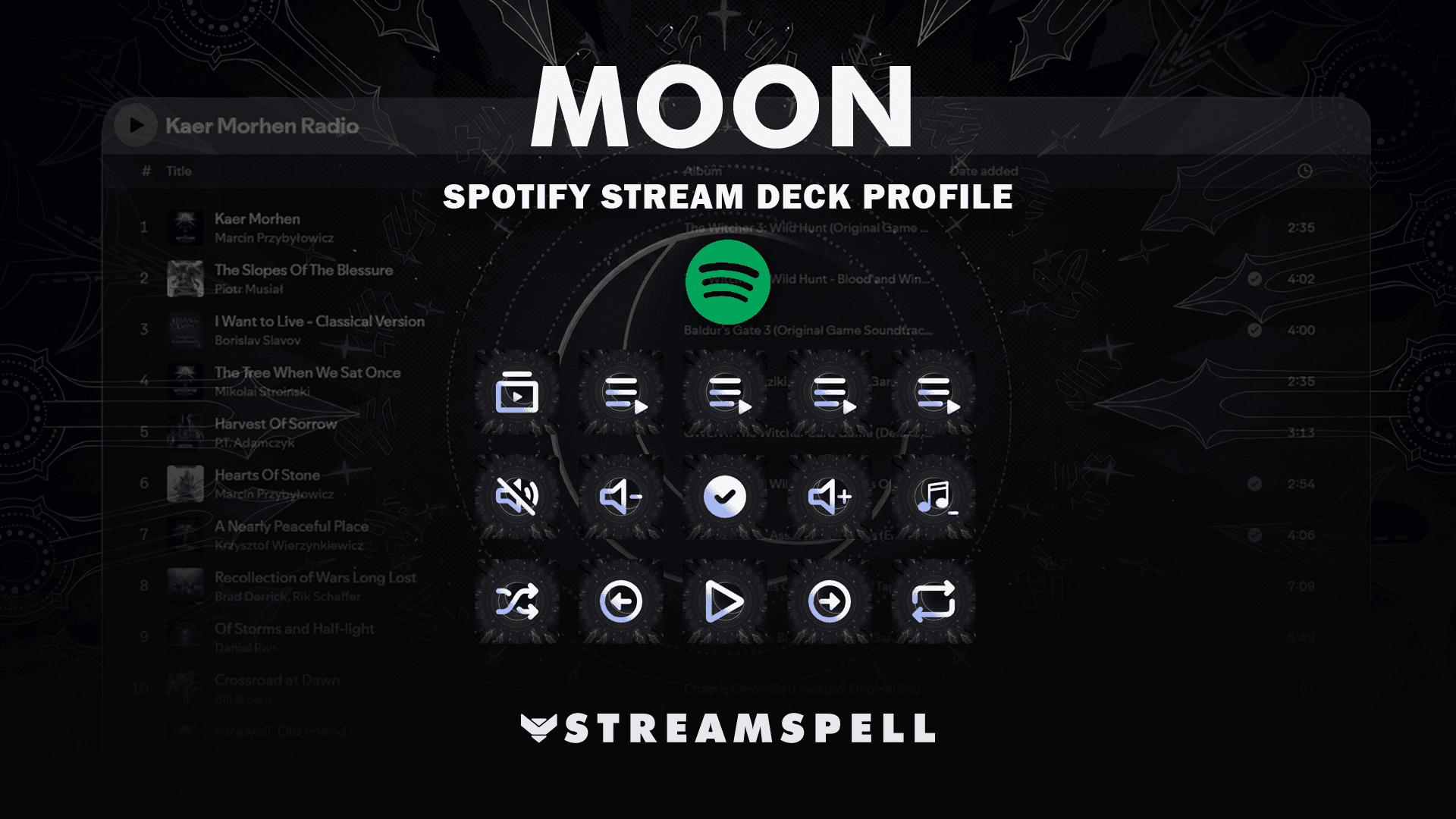 Moon Spotify Stream Deck Profile cover with minimal moonlit dark Spotify controls