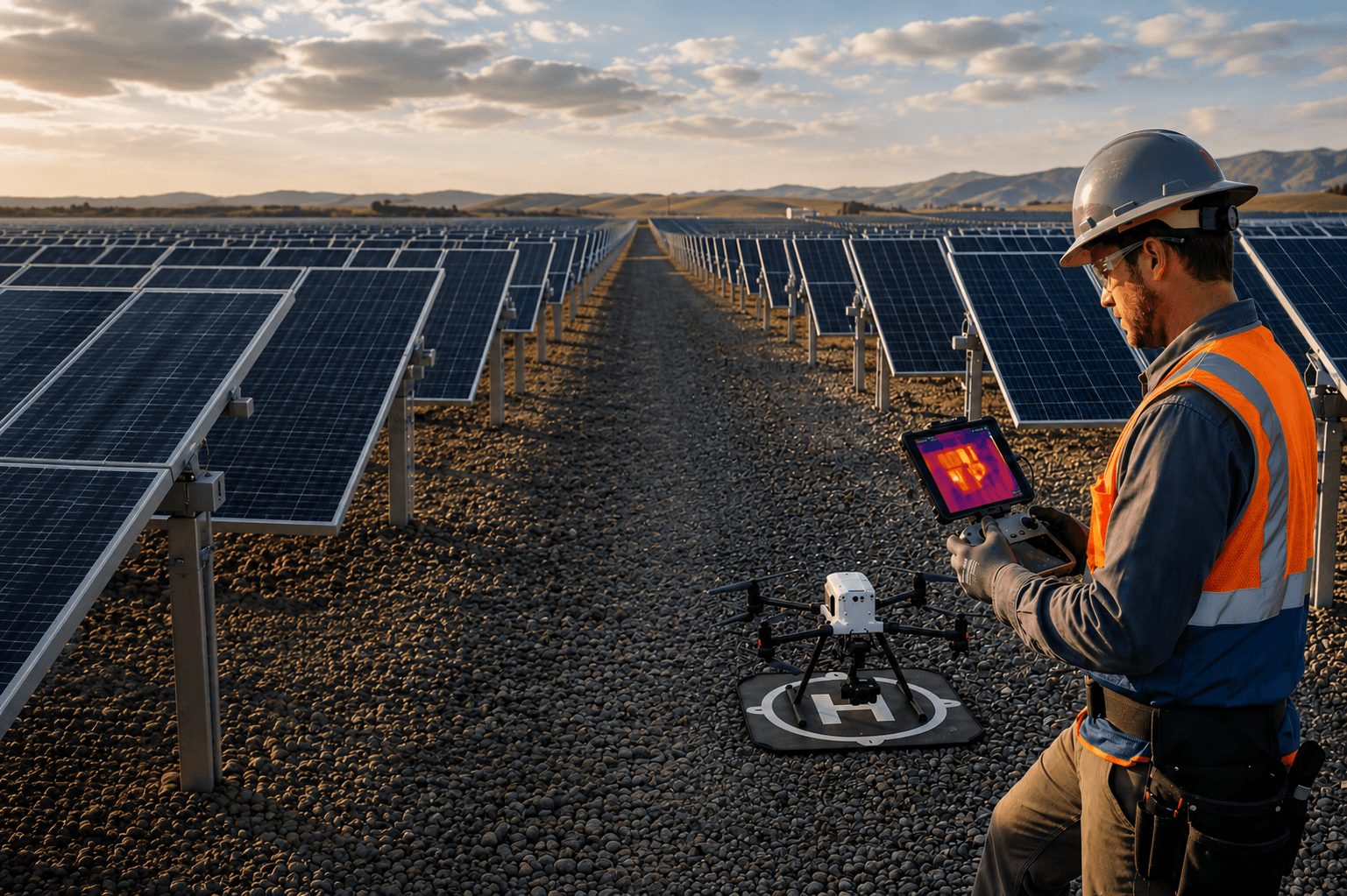 Aerial view of a large utility-scale solar farm under construction, with long rows of solar panels stretching across a desert landscape and construction vehicles and workers visible between the arrays at sunset.