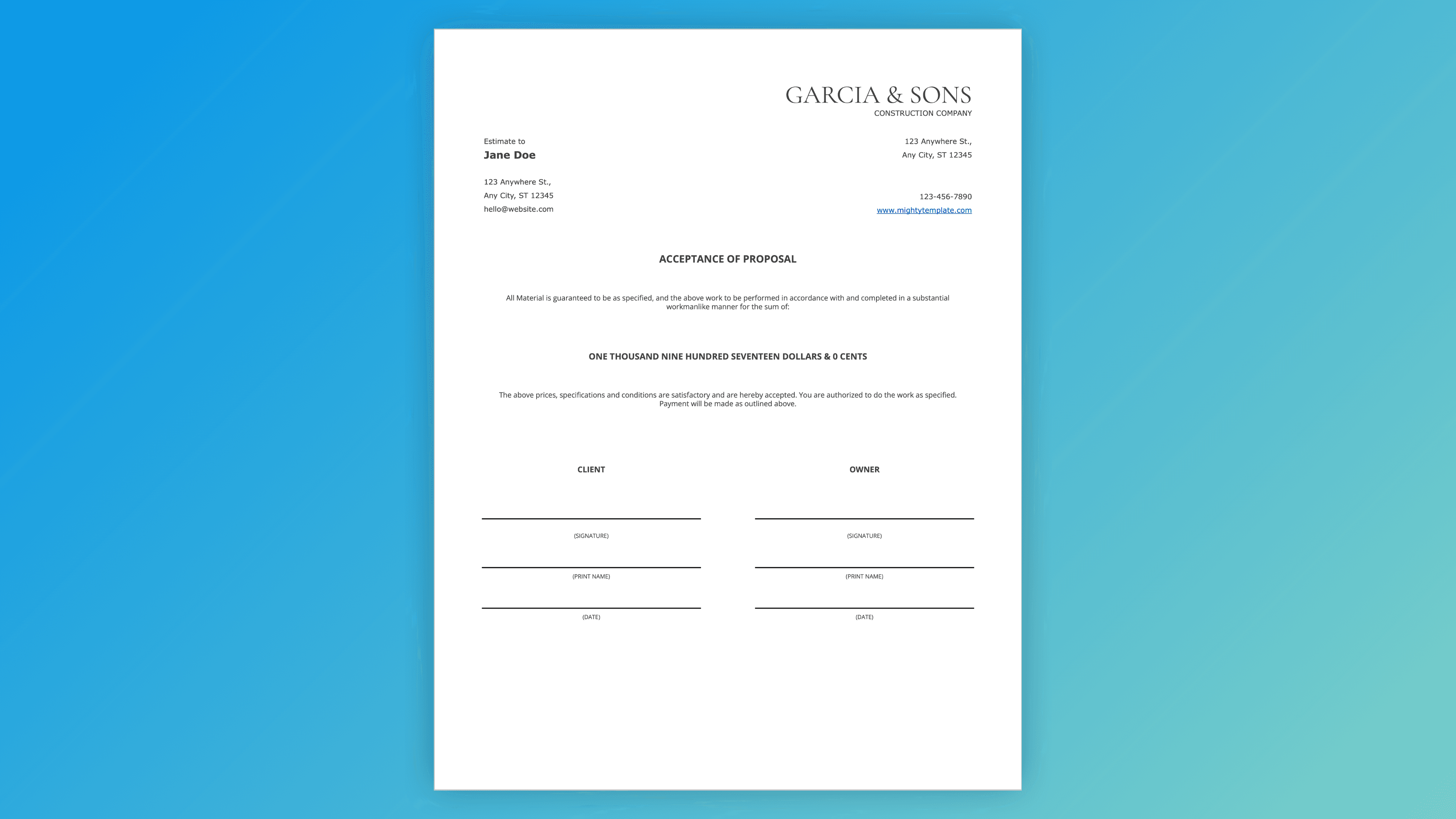 Professional estimate template with acceptance of proposal – bill to client, terms, total amount in words, signature lines for client and owner, and due upon delivery
