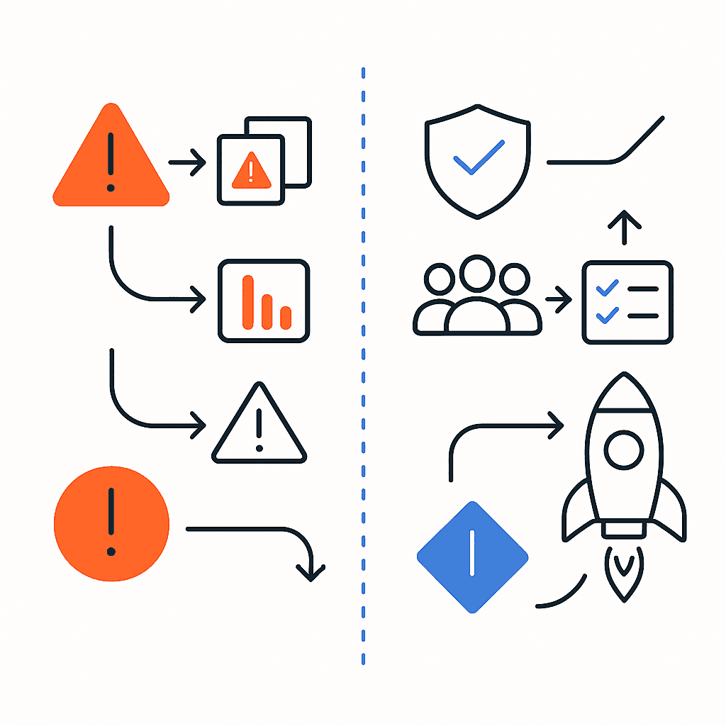 Flow diagram contrasting risky and well-governed GEO implementation paths