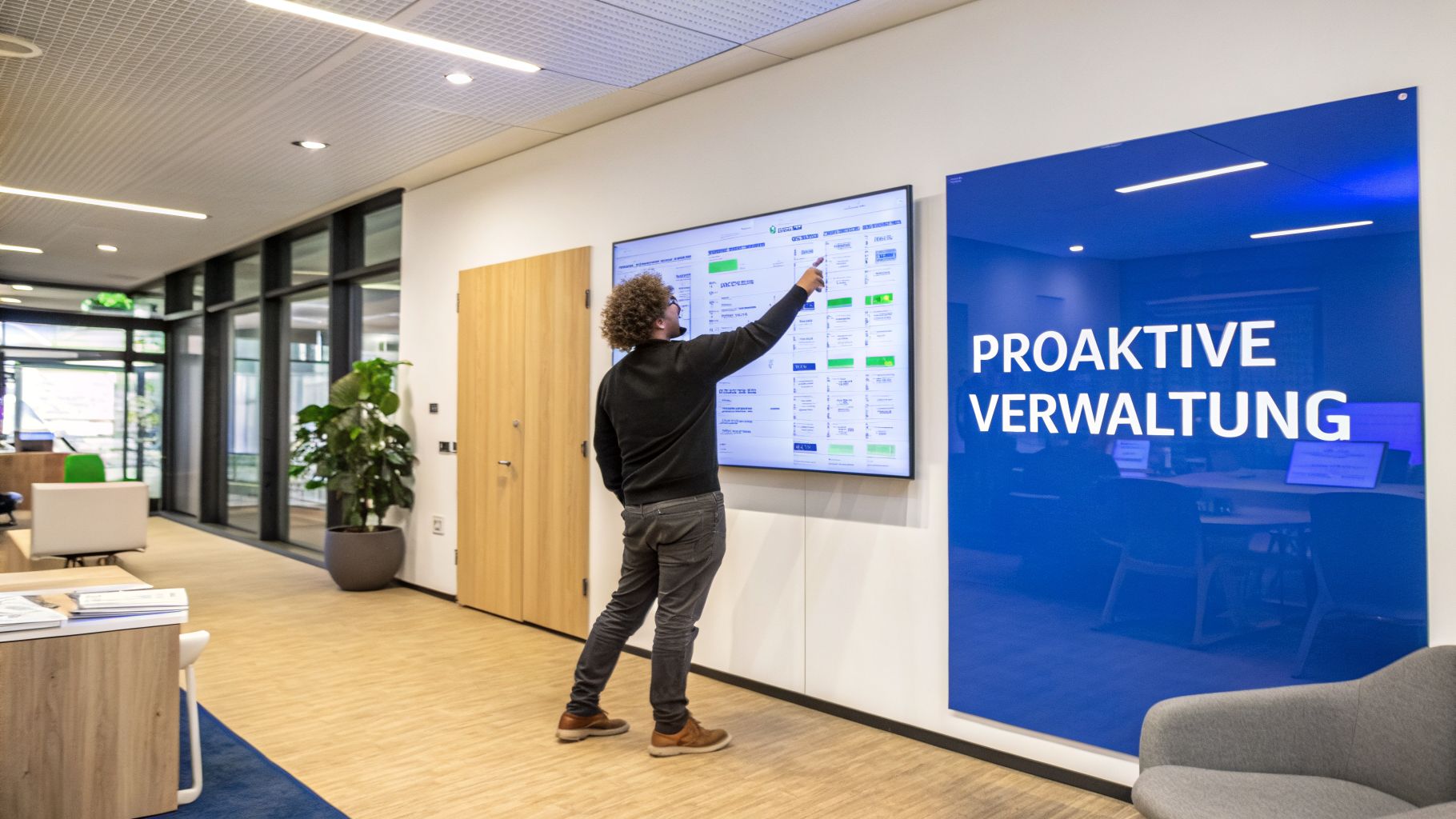 Mann zeigt auf interaktiven Bildschirm in einem modernen Büro mit Schild 'PROAKTIVE VERWALTUNG'.