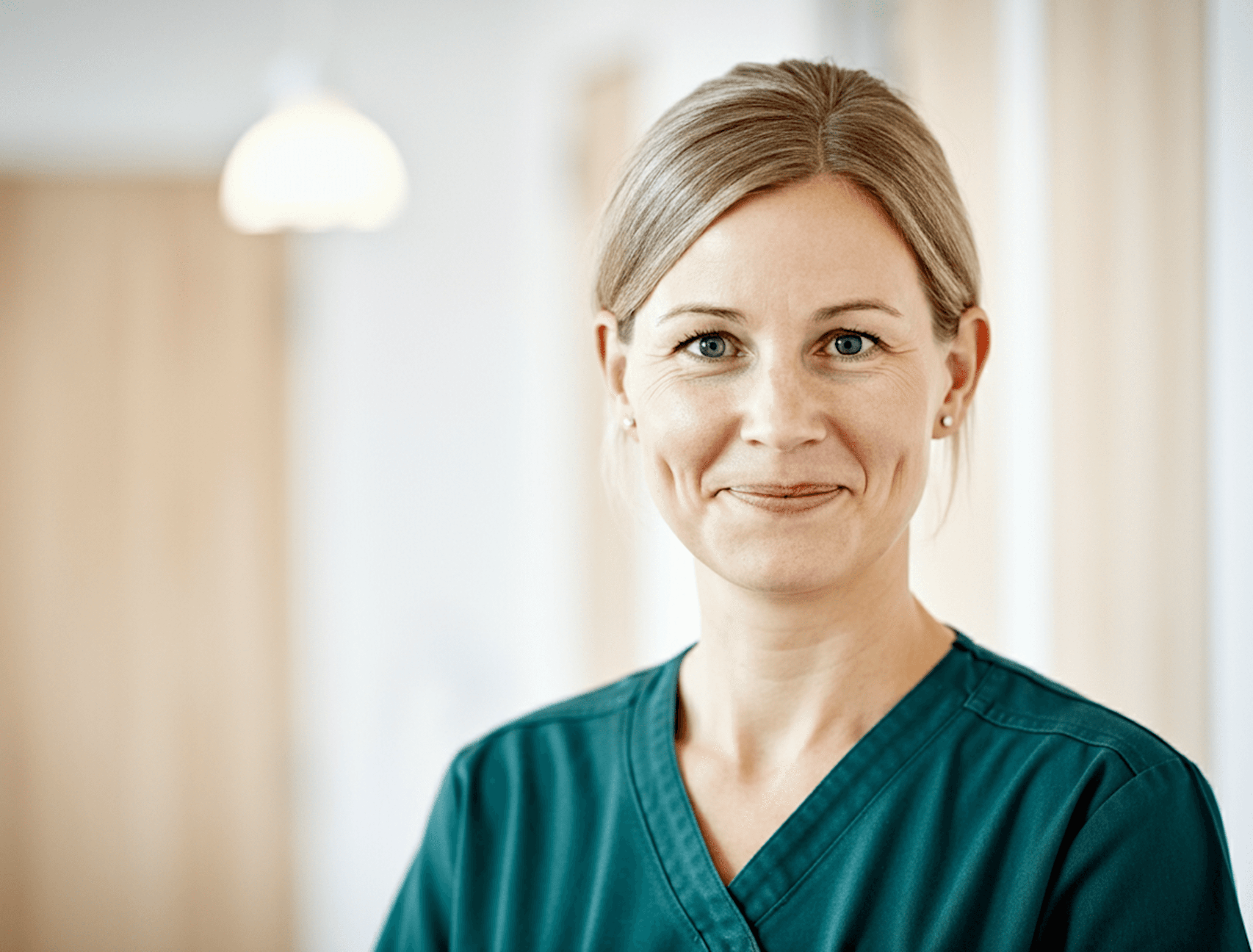 Healthcare professional in teal scrubs standing indoors with soft-focus background and hanging light