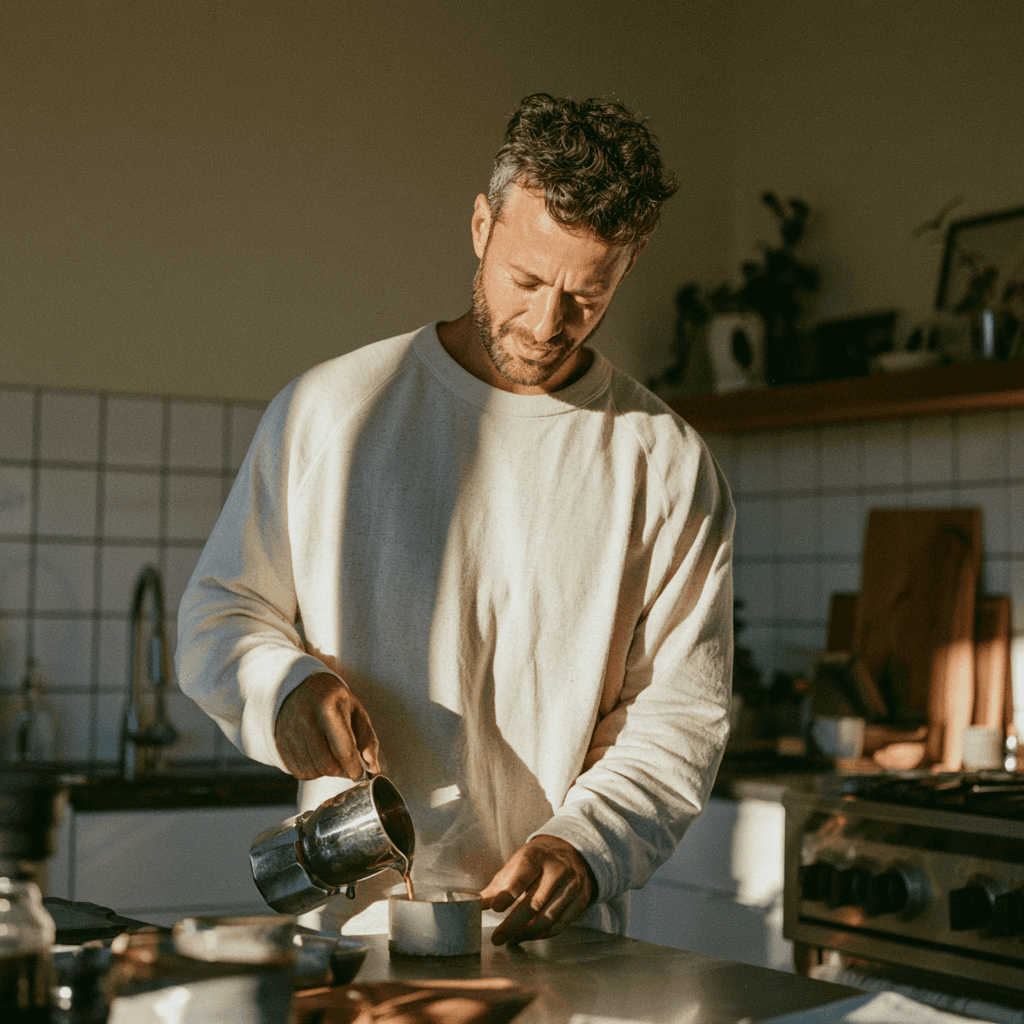 Man standing at a kitchen counter making coffee while humming with a slow exhale