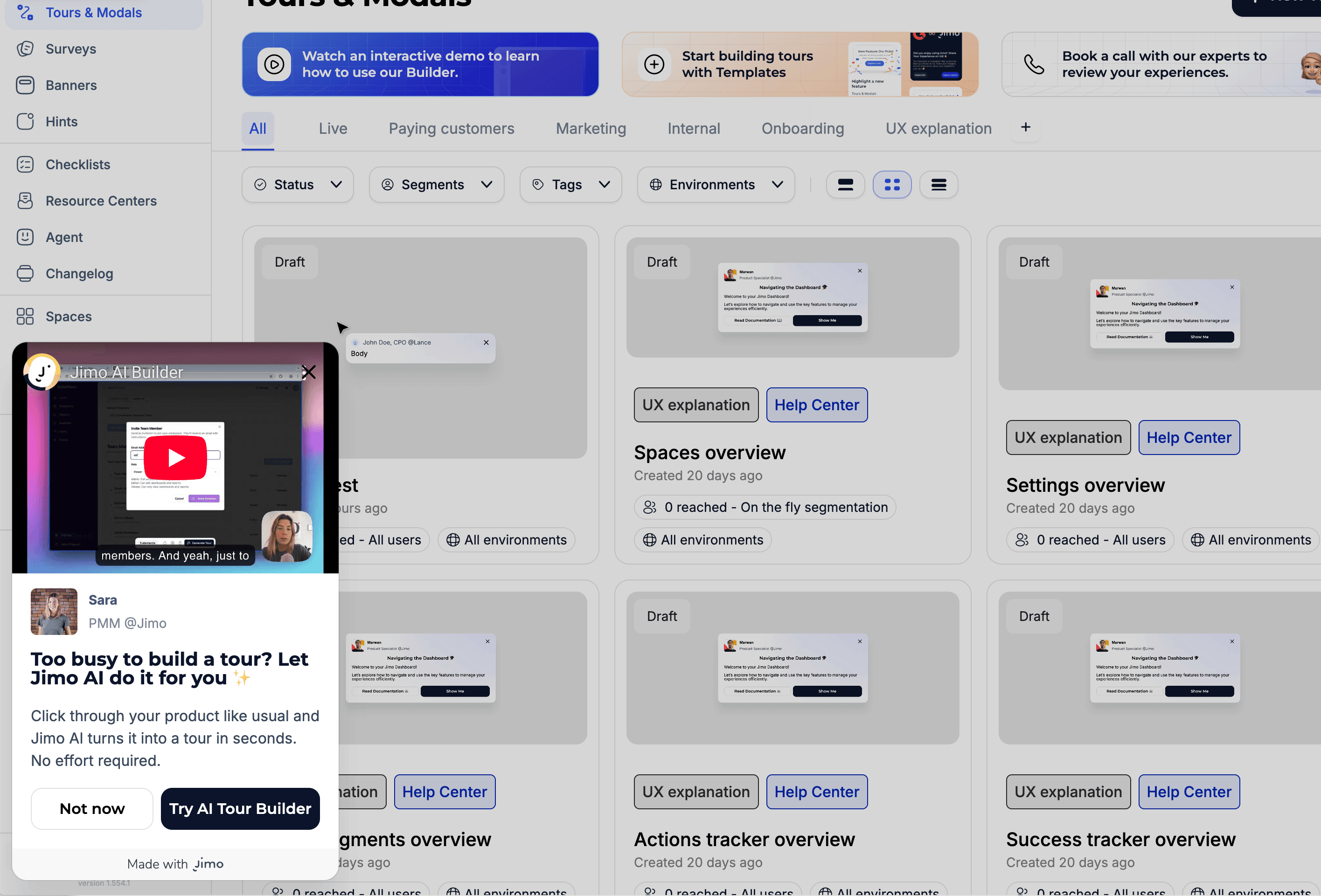 Real example on Jimo: If no flow created at day 3, snippet + cursor flow appears to nudge users building their first flow