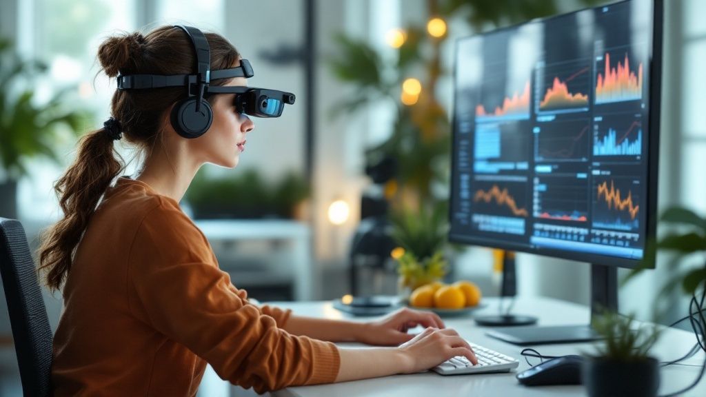 Woman wearing a mixed reality headset and headphones, working on a desktop computer displaying analytical data dashboards in a modern, tech-focused workspace