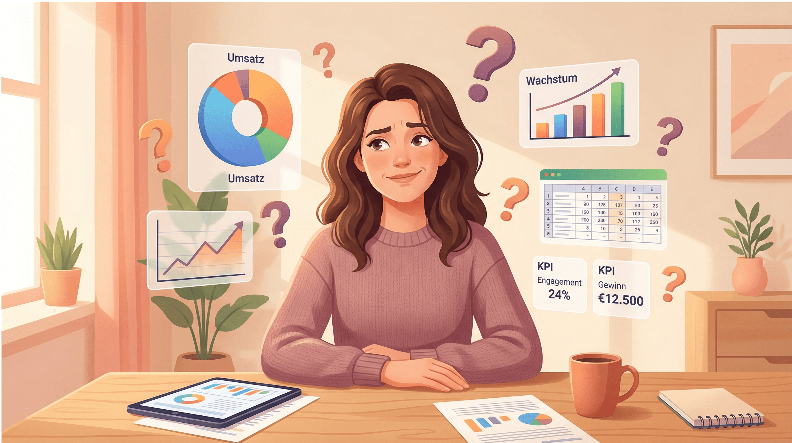 Eine nachdenkliche Kleinunternehmerin Ende 30 sitzt an ihrem Schreibtisch, umgeben von schwebenden Marketing-Daten-Elementen mit deutschen Beschriftungen wie "Umsatz", "Wachstum" und "KPI Engagement". Die Elemente zeigen Kreisdiagramme, Balkendiagramme, Tabellen und KPI-Metriken mit Euro-Beträgen (€12.500) und Prozentangaben (24%). Ihr Gesichtsausdruck zeigt leichte Verwirrung und Nachdenklichkeit beim Betrachten der komplexen Daten. Mehrere Fragezeichen schweben zwischen den Datenelementen. Auf dem Schreibtisch liegen ein Tablet mit Diagrammen, ausgedruckte Berichte und eine Kaffeetasse. Die warme, helle Arbeitsumgebung mit natürlichem Licht und Pflanzen vermittelt eine sympathische, nachvollziehbare Darstellung der Herausforderung, Marketingberichte zu verstehen.