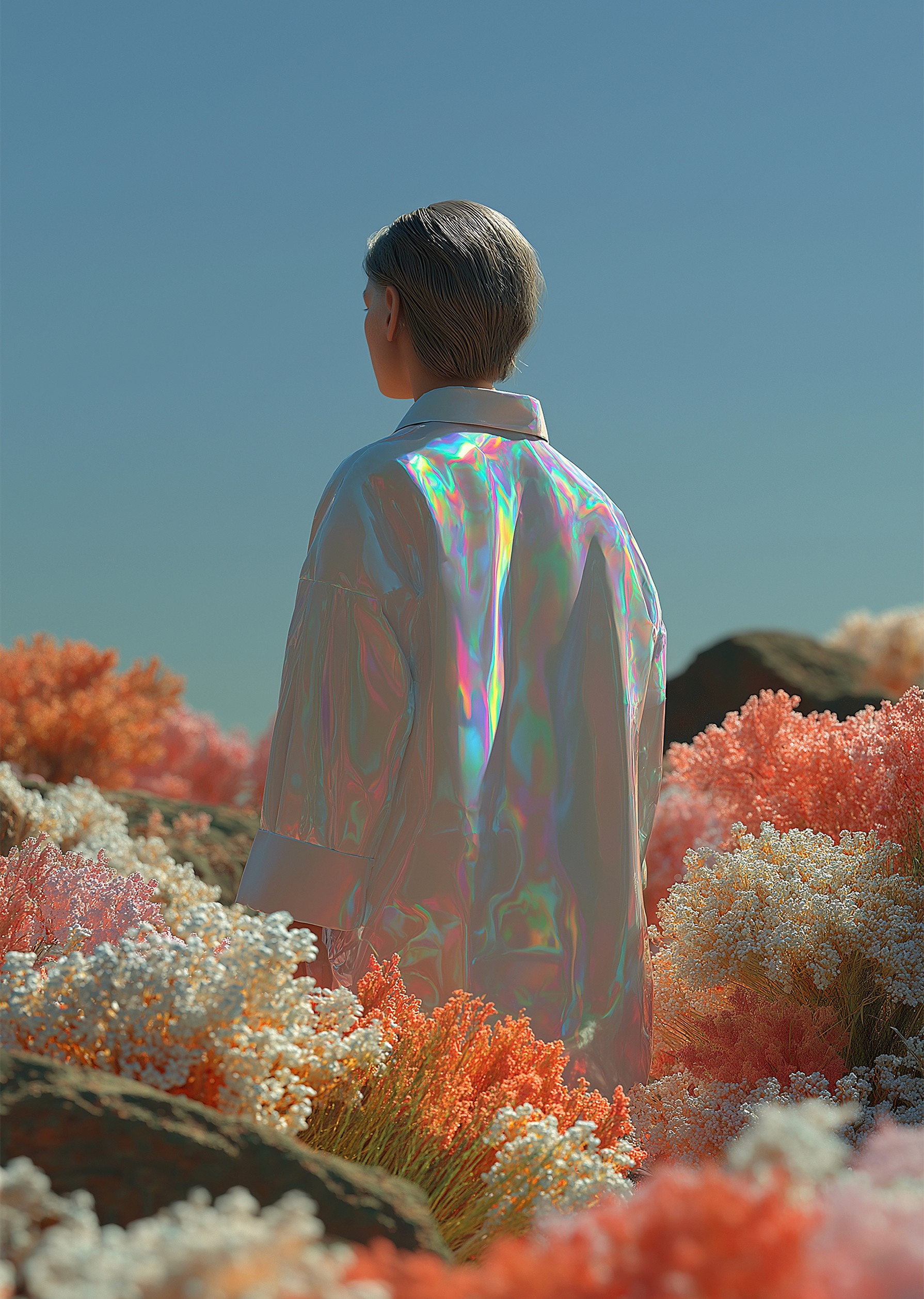 Editorial visual – person with long curly hair seen from behind, wearing an iridescent blazer, seated on a rock amid pastel coral formations under a clear sky.