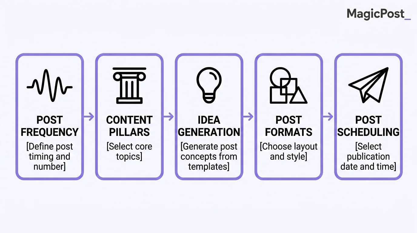 Five-step process for building a LinkedIn editorial calendar: post frequency, content pillars, idea generation, post formats, and post scheduling