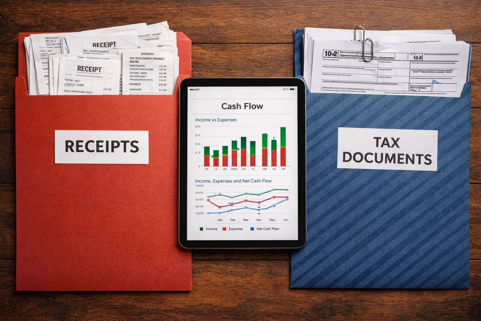 Stacks of receipts and tax documents organized in folders, with a tablet displaying cash flow graphs, illustrating proper expense tracking.