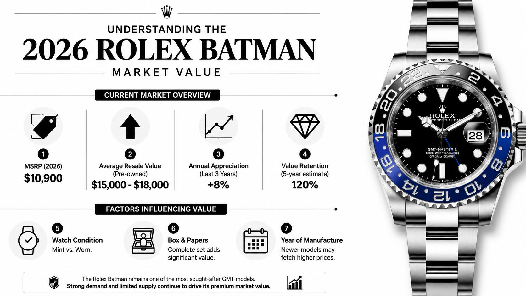 An infographic detailing the 2026 market value of a Rolex Batman GMT-Master II watch with key statistics.