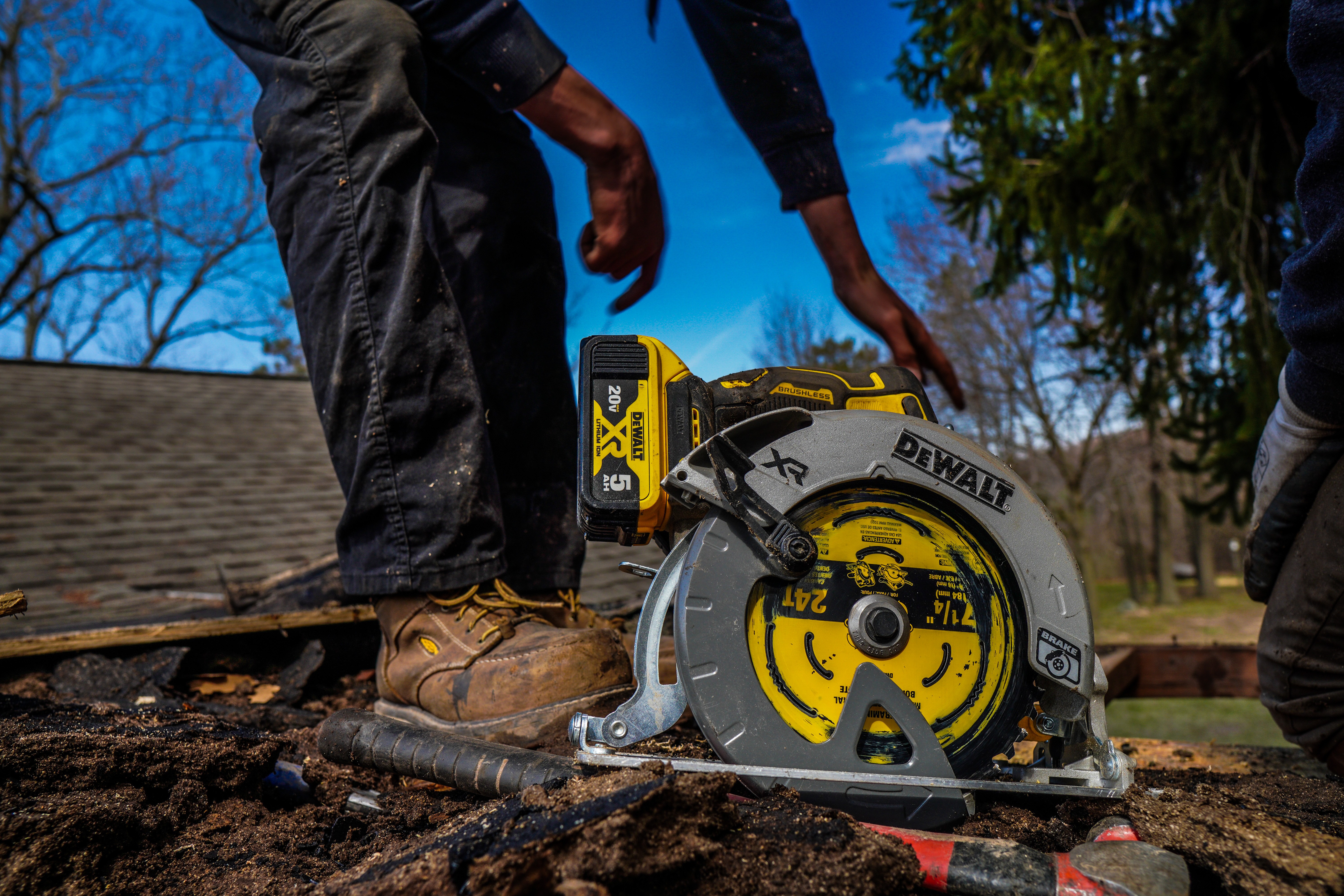 Circular saw on a roof deck during a roof replacement