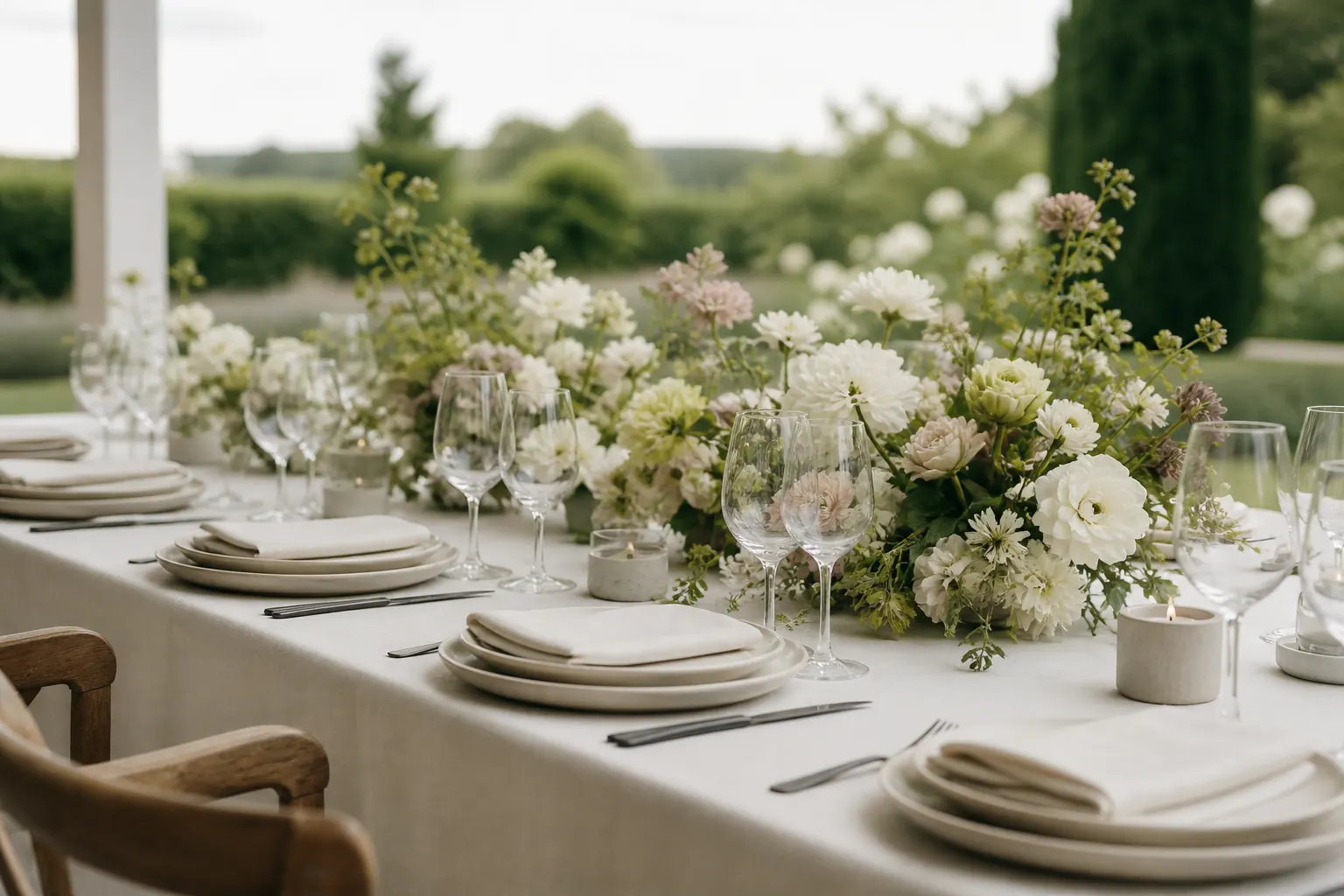 A long garden table laid with white flowers and glassware