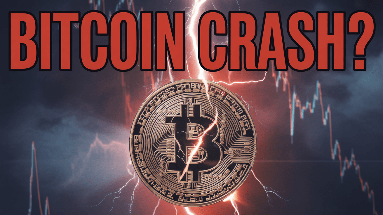 Cracked Bitcoin symbol with lightning and falling chart lines under Bitcoin CRASH question headline