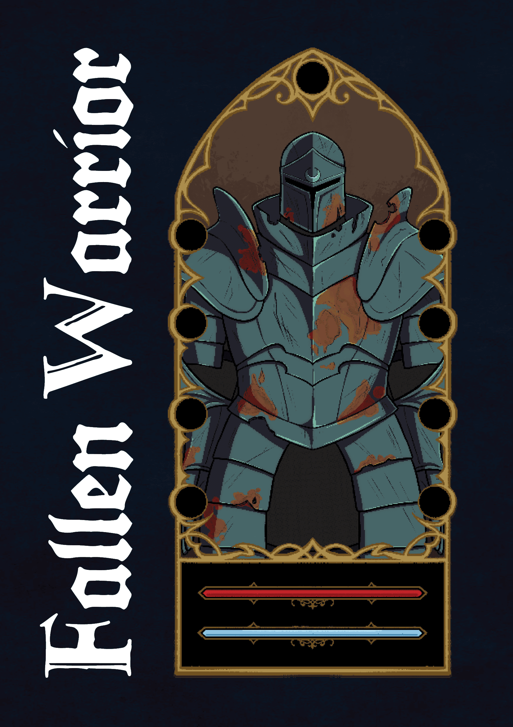 Character info page on the fallen warrior. Left side is an illustration, right side is the character stat block and minor description