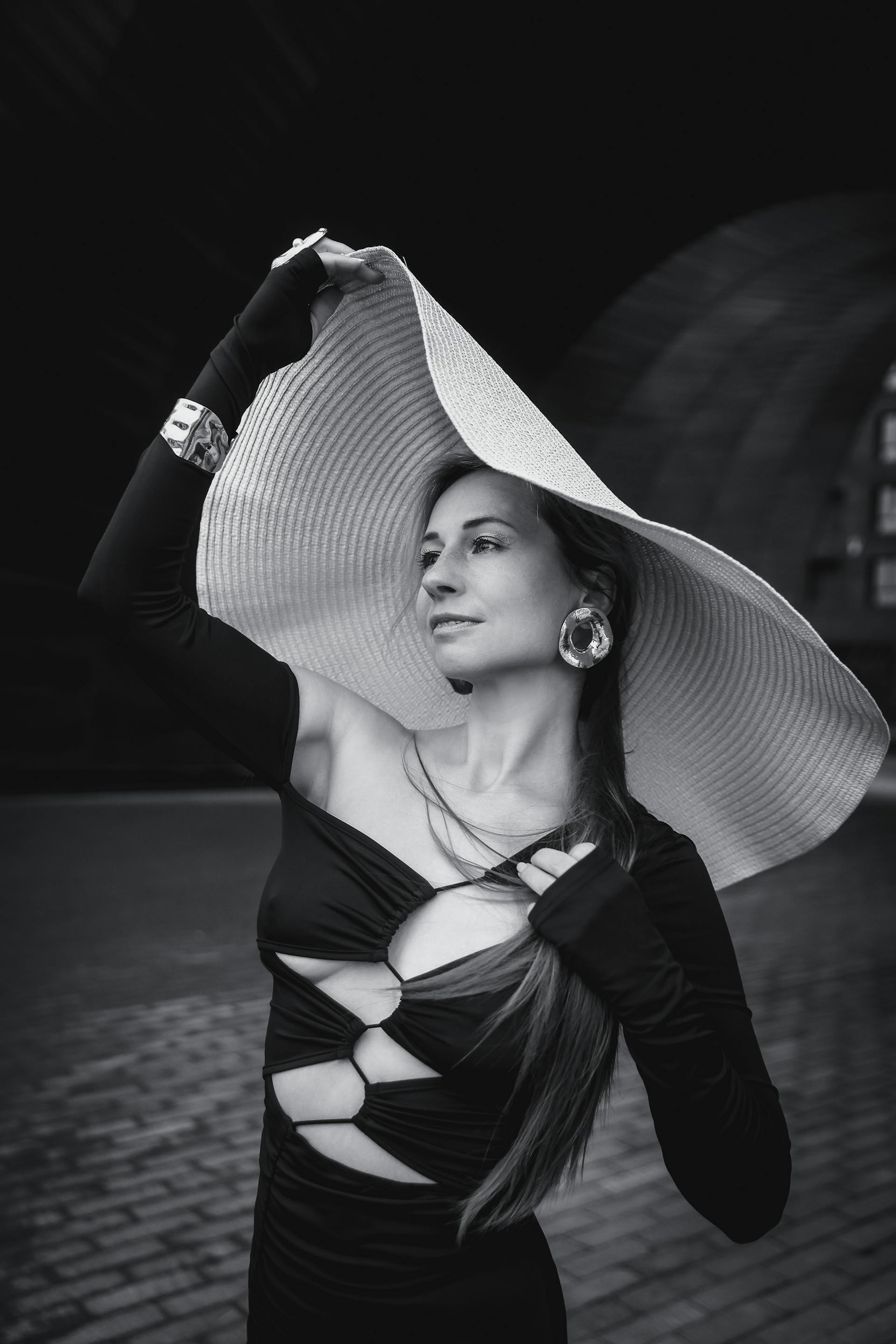 lady black and white posing