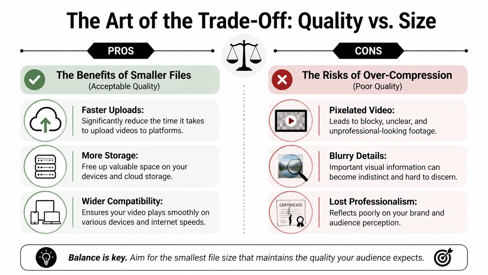 An infographic titled The Art of Trade-Off comparing the benefits of small file sizes versus poor quality risks.