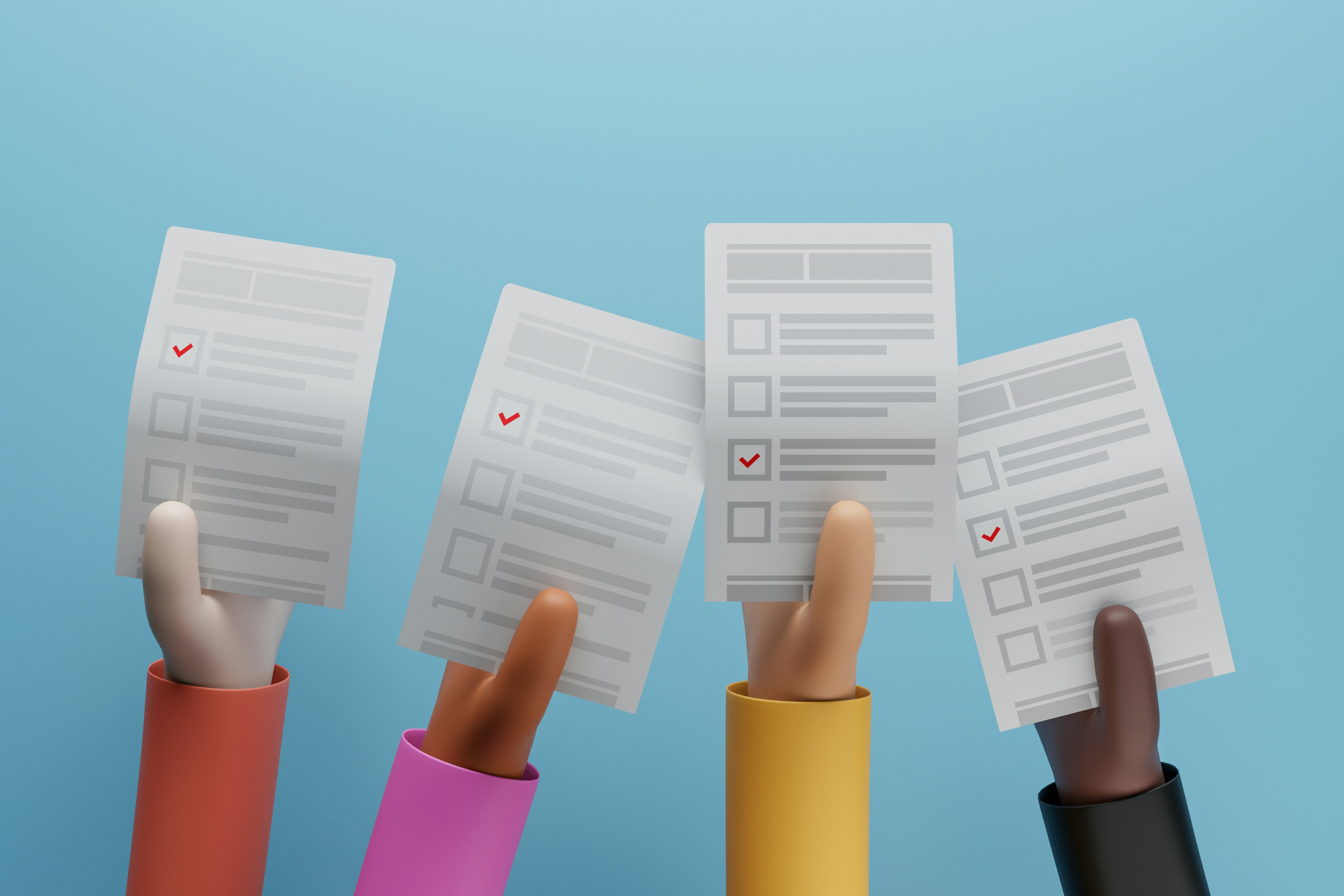 Creative resumes held up by diverse hands