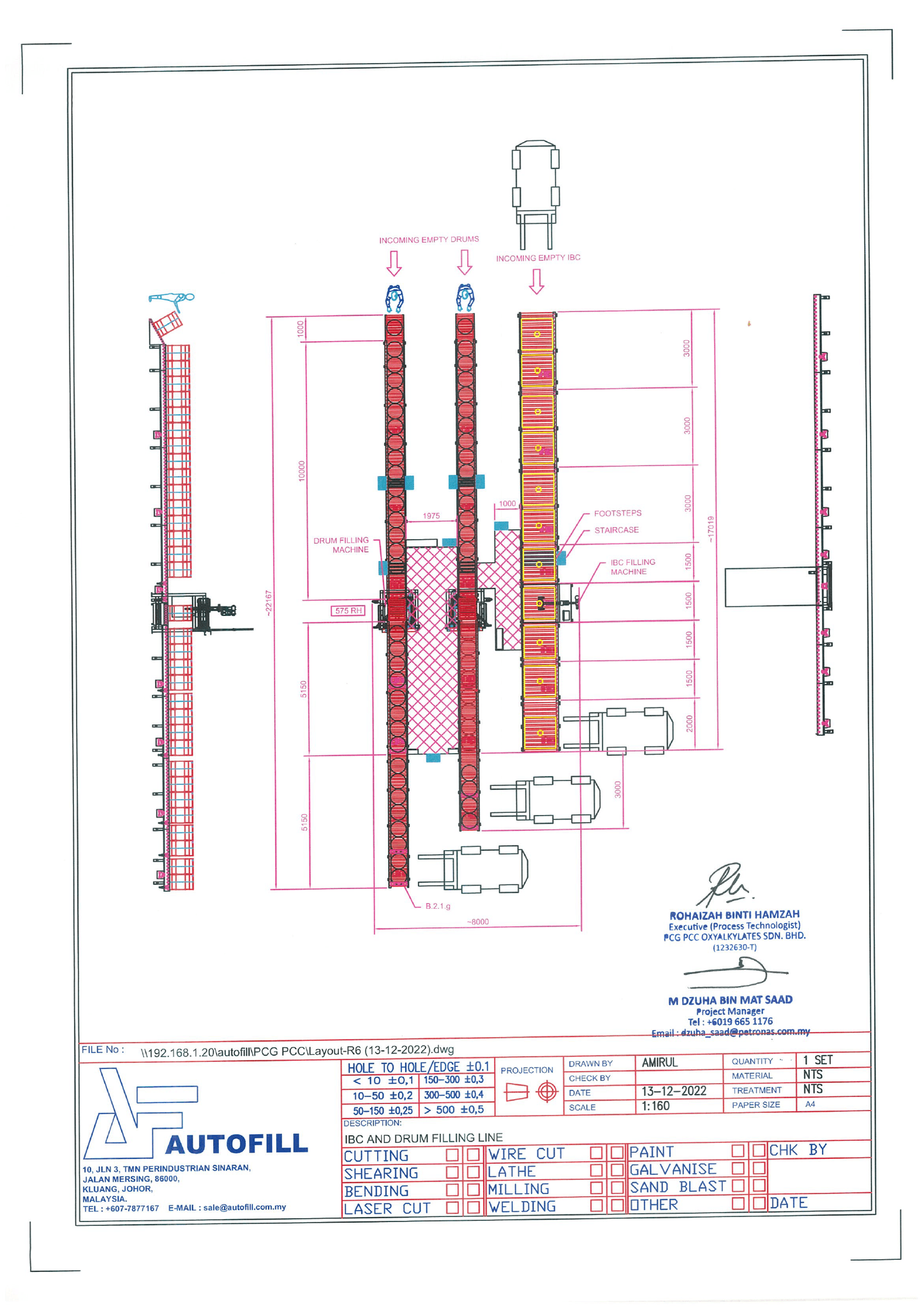 echnical blueprint (GA Drawing) showing the complex design and dimensions of the 4-drum and IBC filling machine.