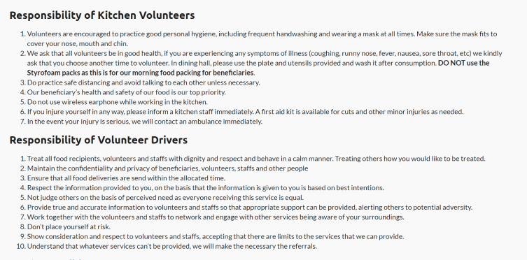 Dense information in a single-column layout on the responsibilities of both Kitchen and Driver volunteers.
