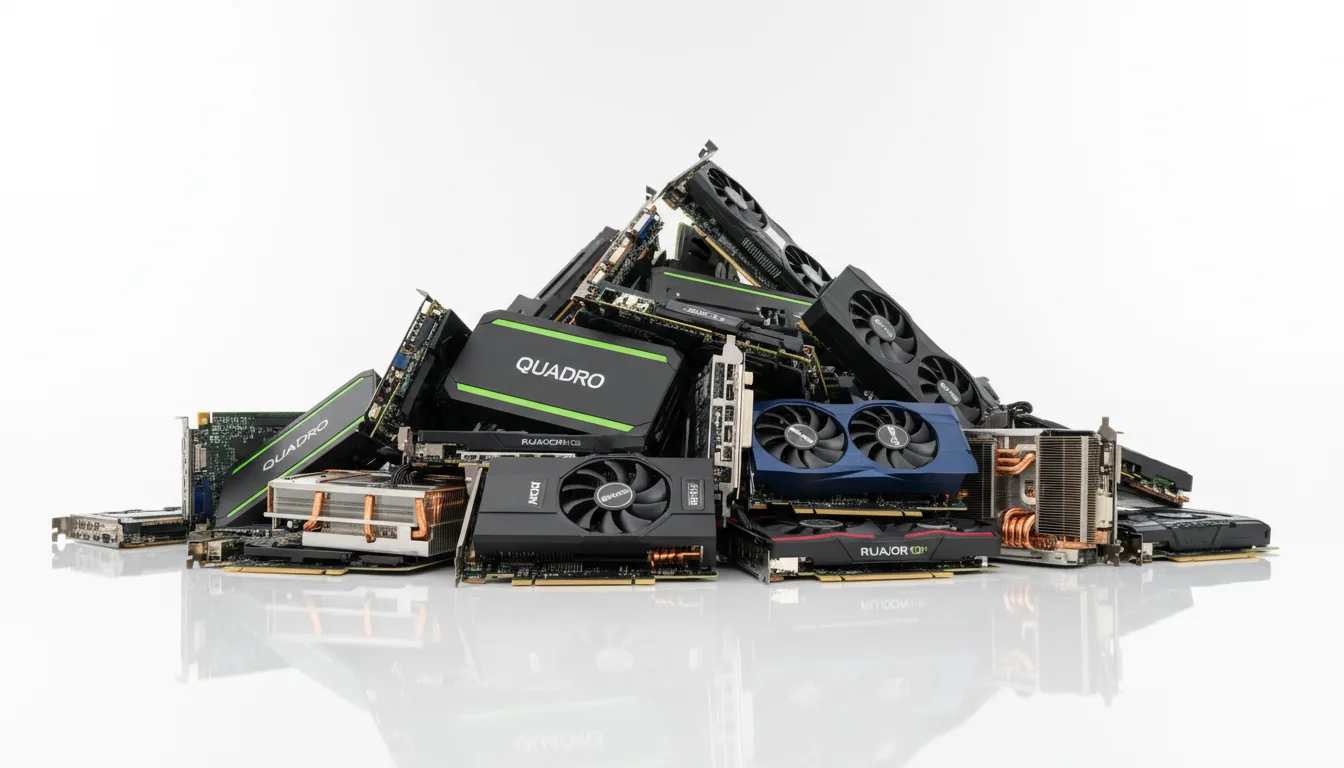 DSLR product photography of a large collection of high-end professional workstation GPUs, including NVIDIA Quadro and AMD Radeon Pro models, piled and arranged dynamically on a reflective white surface. The scene is shot against a seamless, bright white studio background, illuminated by soft studio lighting that creates gentle shadows. The GPUs showcase various designs: matte black shrouds with silver and lime green accents, a vibrant blue card, and cards with exposed metal heatsinks. The focus is sharp across the entire composition, emphasizing the detailed textures of brushed metal, plastic, and circuitry.