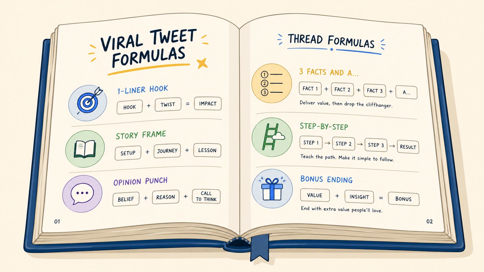 An open book displaying viral tweet formulas and thread strategies with clear, illustrated educational graphics.