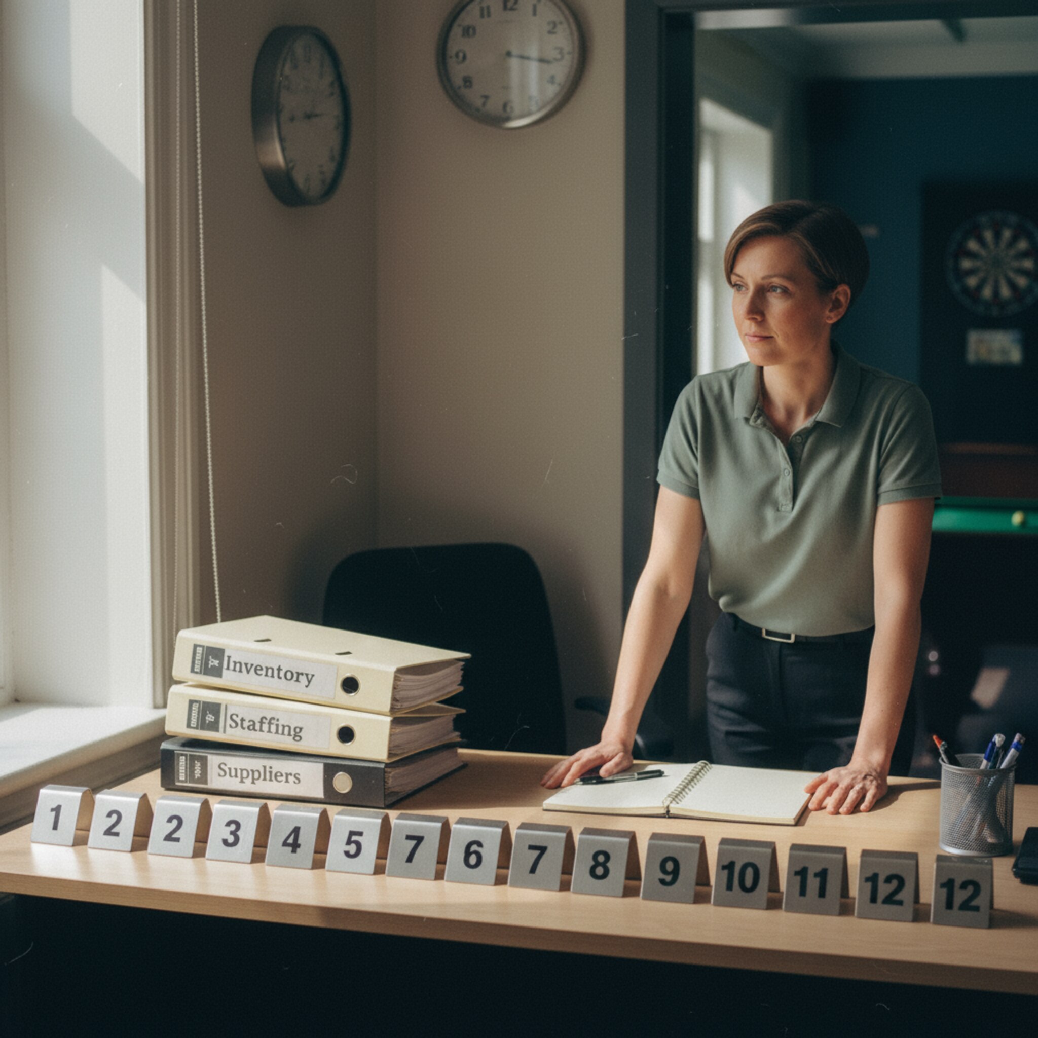 Im Büro hinter dem Gastraum liegt ein sauber geordneter Ordnerstapel neben nummerierten Tischschildern. Sanftes Tageslicht fällt durch ein Fenster auf die Arbeitsfläche. Eine Uhr tickt leise. Die Szene strahlt Struktur, Sorgfalt und verlässliche Abläufe aus, fern vom Trubel des Abends.