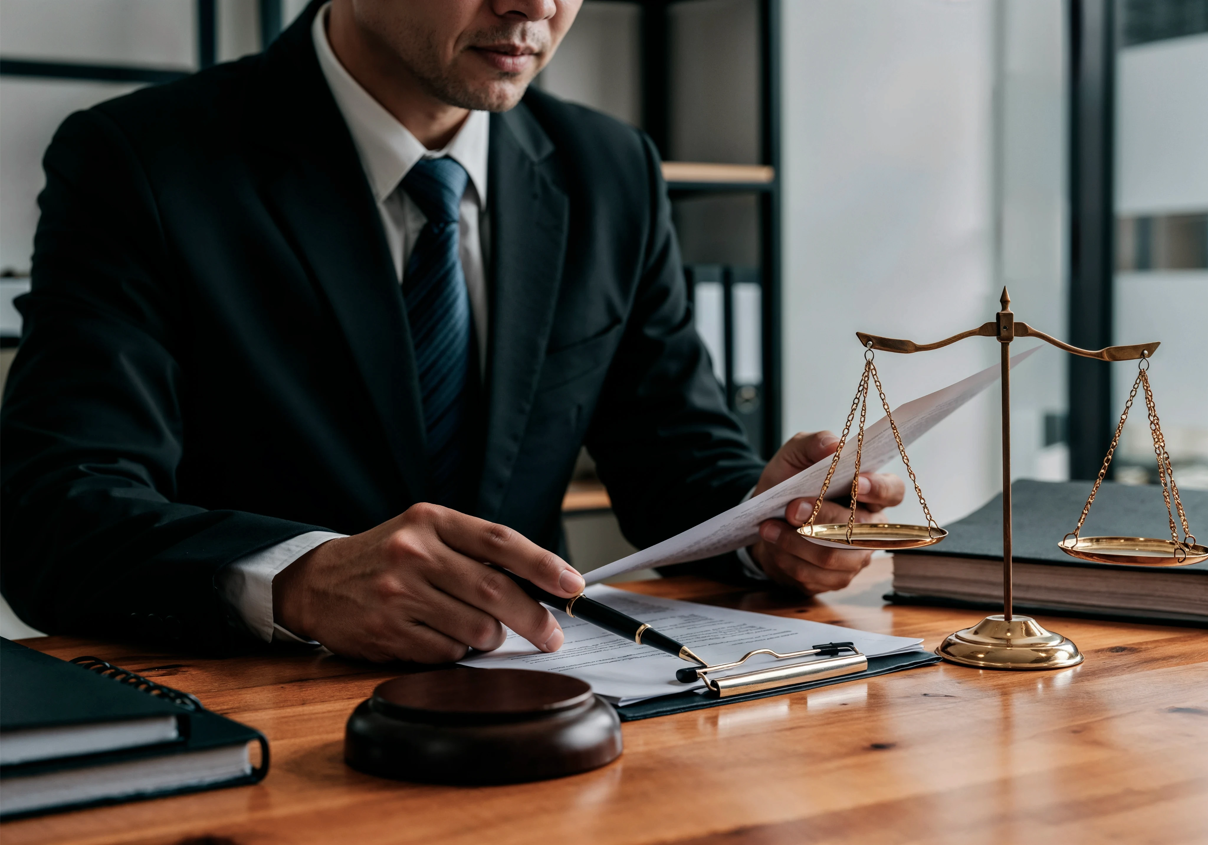 A man in a suit reviews documents at a desk with a gavel and scales of justice, conveying a professional legal setting and focus.