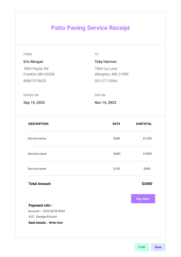 Patio Paving Service Receipt