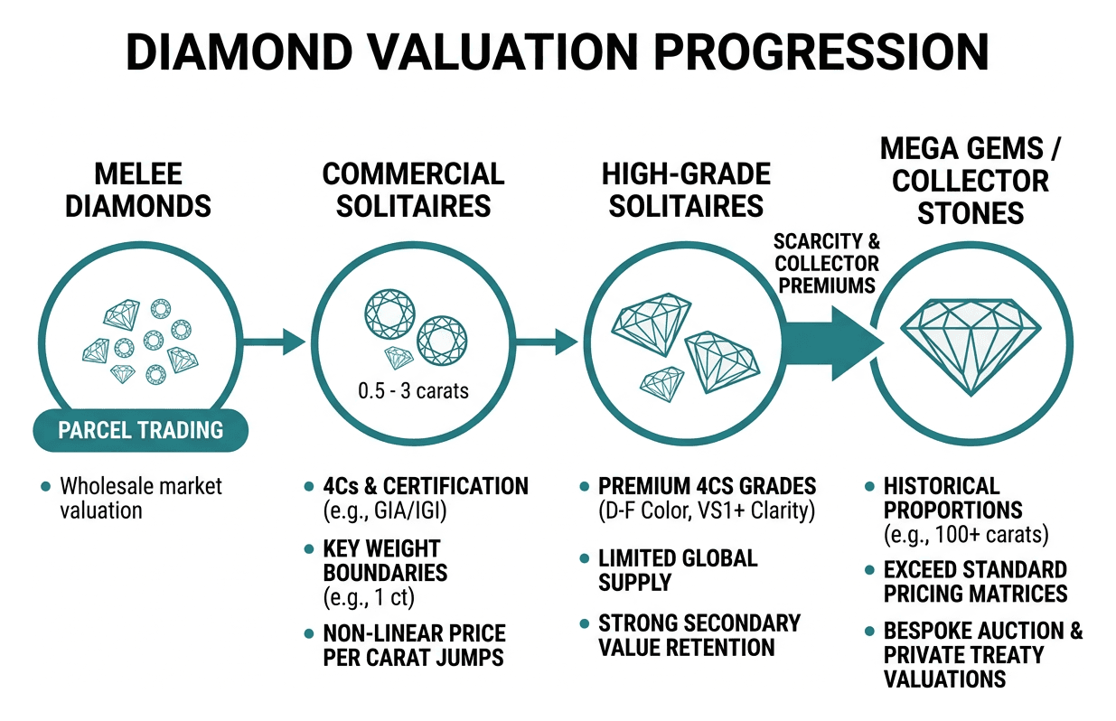 Diamond valuation progression from melee parcels to mega solitaire gems