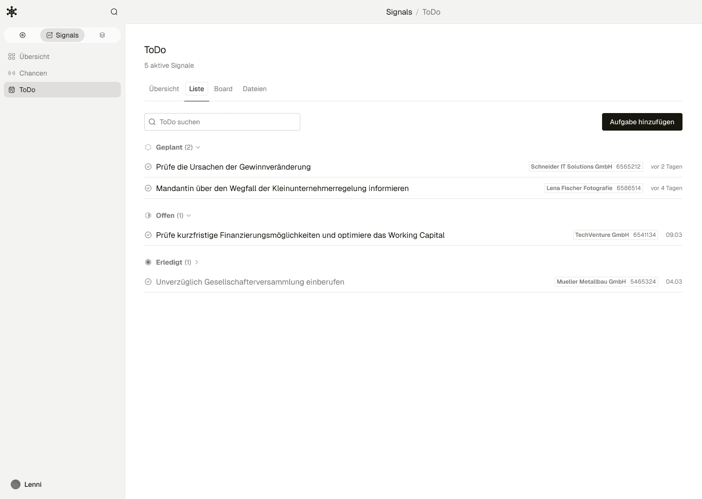 KI-Agenten von Steuerboard: ToDos im Signals Agent auflisten und bearbeiten