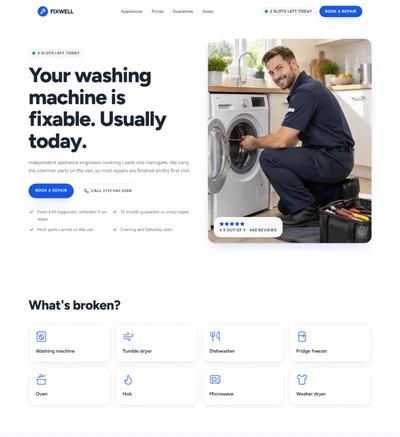 Appliance repair website built with AI showing an engineer photograph, availability pill and appliance picker