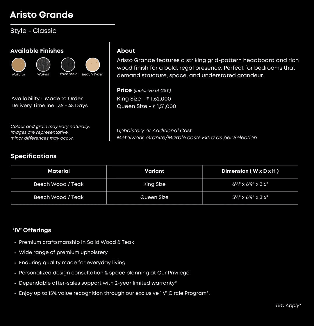 Wooden grid-panel bed with deep base and regal flair.