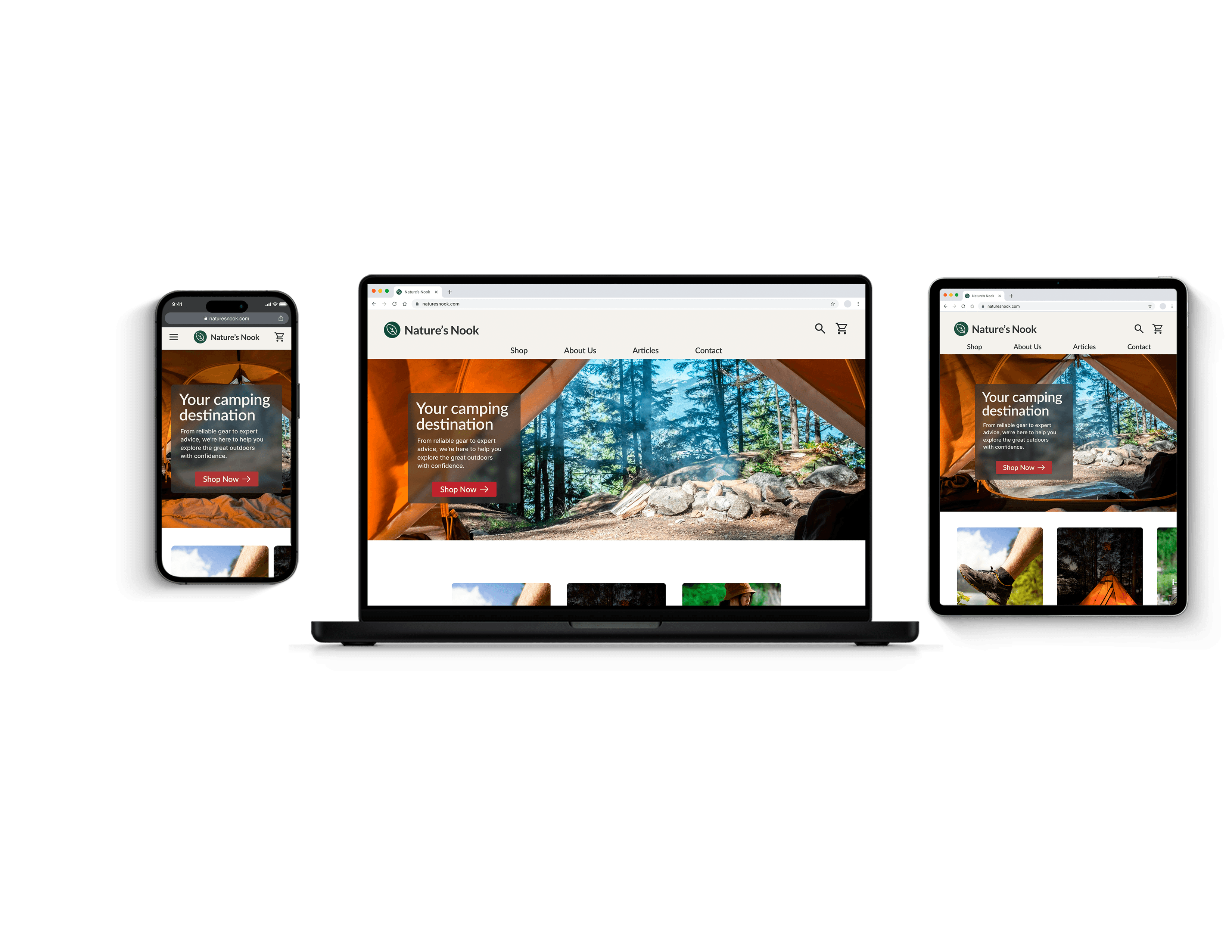 Mockups of a smartphone, a tablet, and a laptop pc displaying the homepage for Nature's Nook