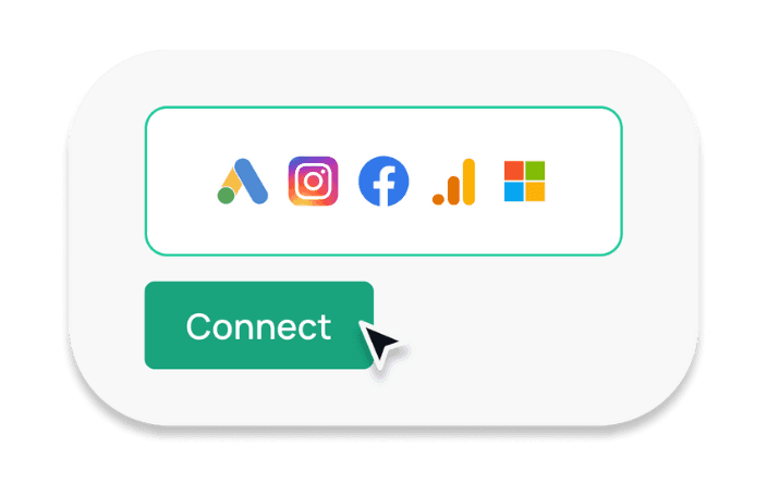 Logos of Google Ads, Instagram, Facebook, and Google Analytics displayed above a green “Connect” button with a cursor hovering over it.