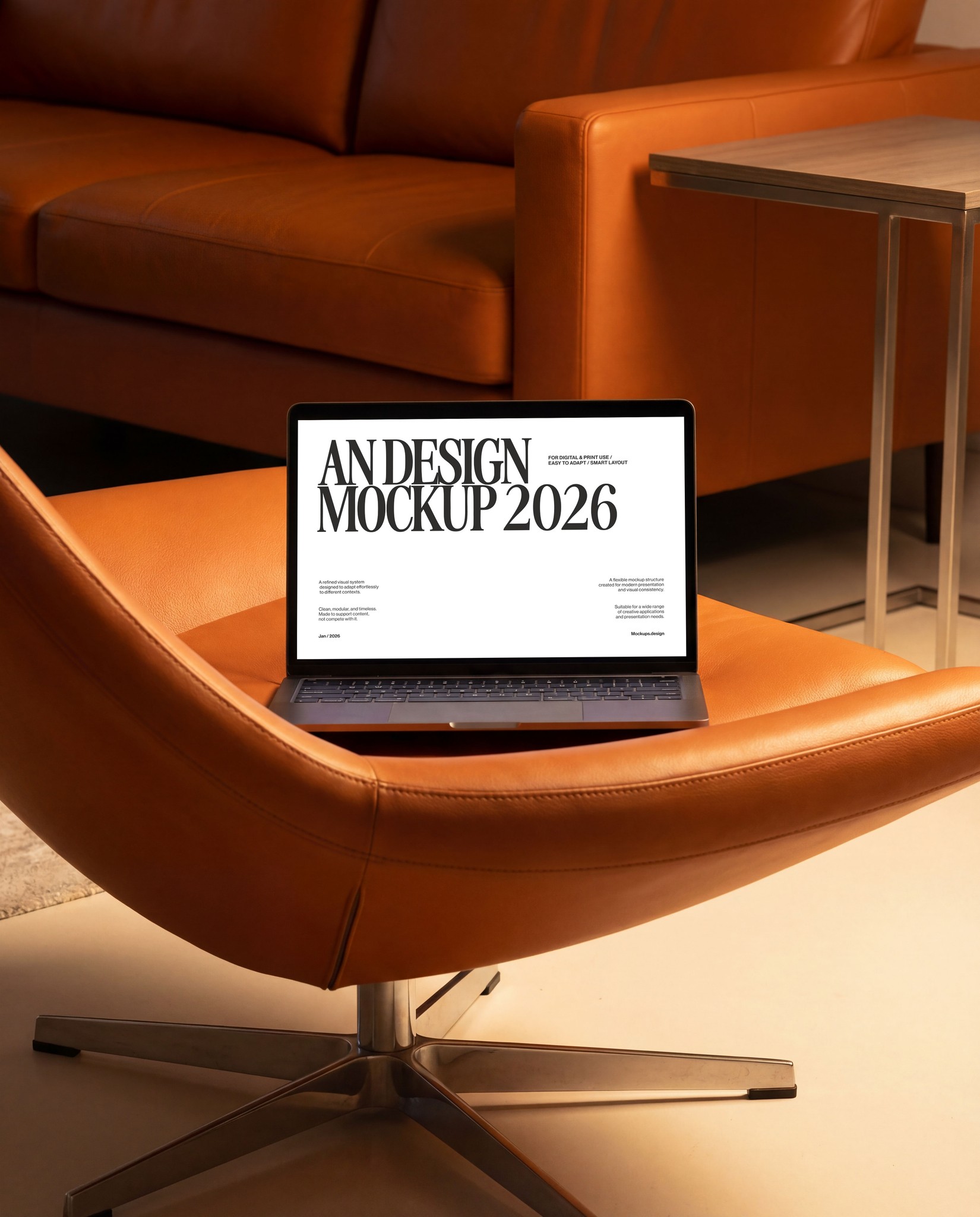 Laptop mockup on sofa, casual workspace scene