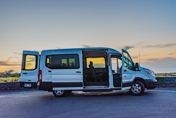White Ford Transit XLT 15 Passenger Van Hawaii Big Island Sunset For Rent