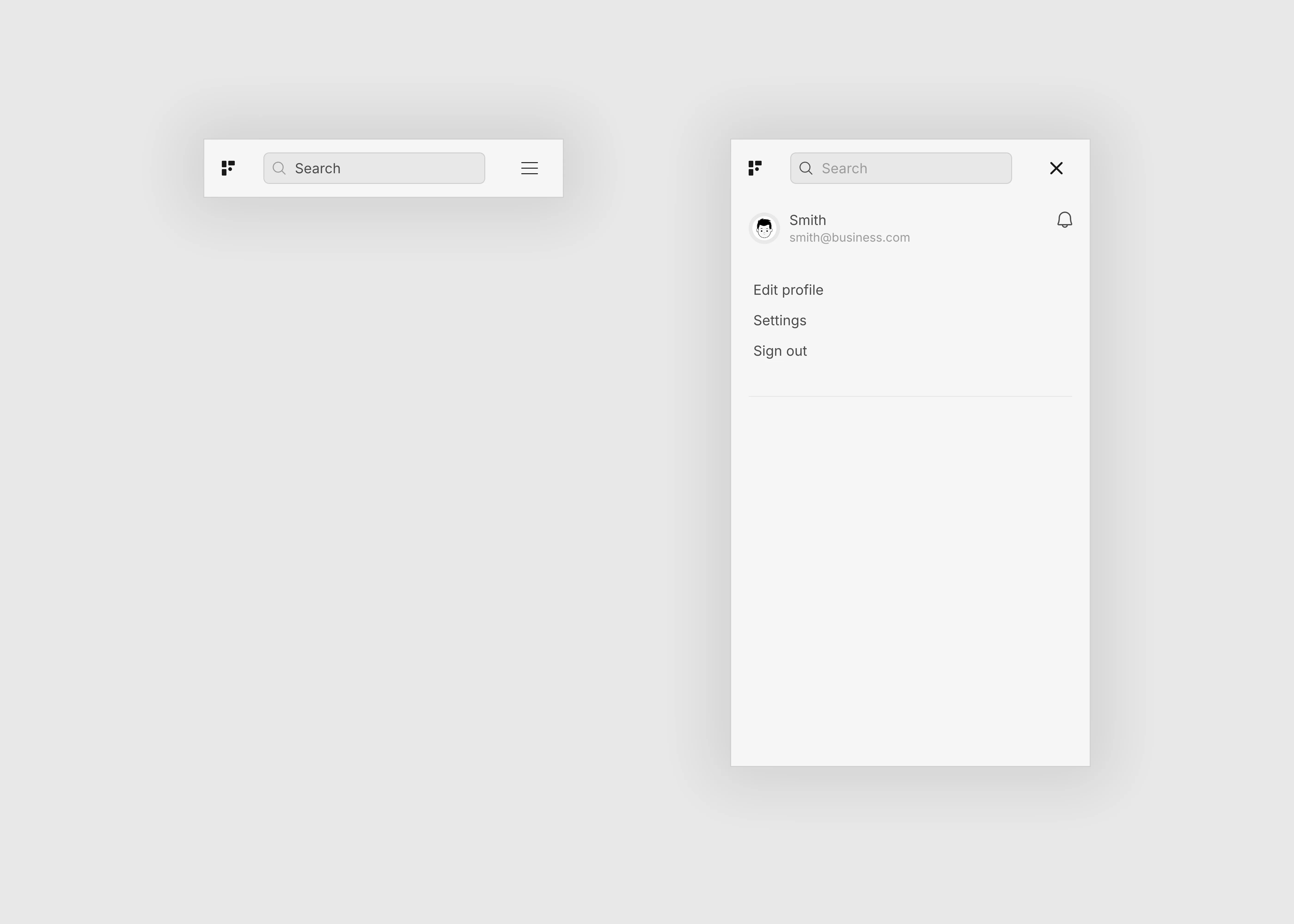 A light themed simple navigation bar with a search light box for tablet and mobile devices