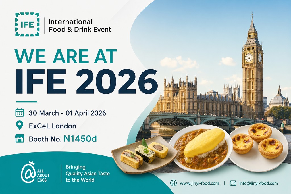 伦敦 IFE 2026 的宣传横幅,展示大本钟、国会大厦以及美味的鸡蛋产品等。